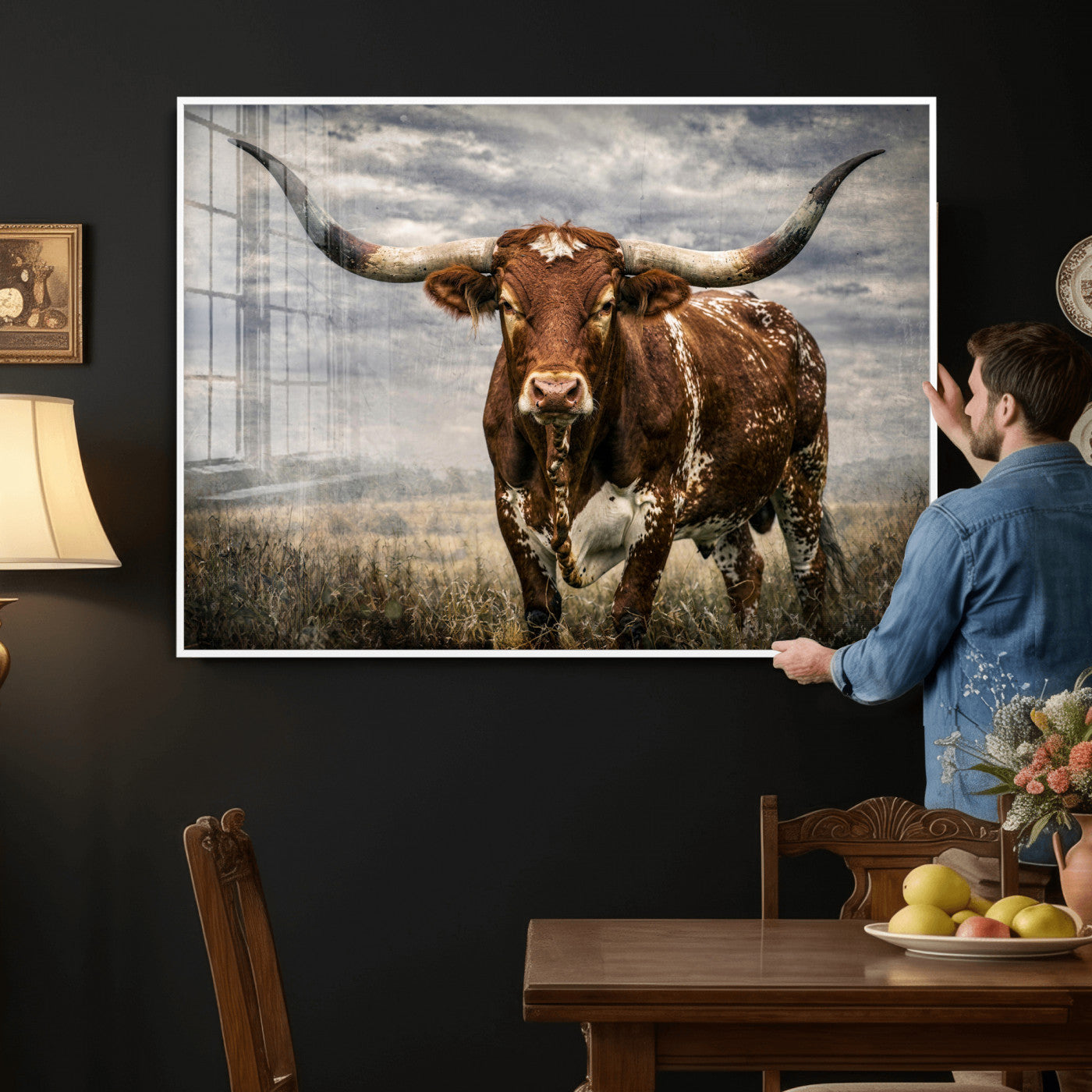 14372769-MGV-CV-36X24 - Texas Longhorn Canvas Wall Art Western Bull Desert Moody Grey Overcast Rustic Farmhouse Framed Large for Living Room Bedroom Office Decor
