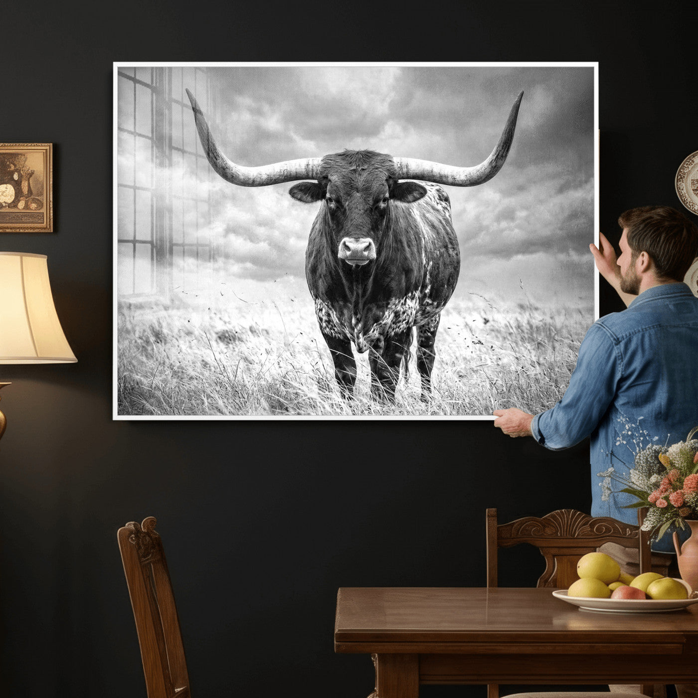63336115-MGV-CV-36X24 - Texas Longhorn Canvas Wall Art Western Bull Desert Moody Grey Overcast Rustic Farmhouse Framed Large for Living Room Bedroom Office Decor