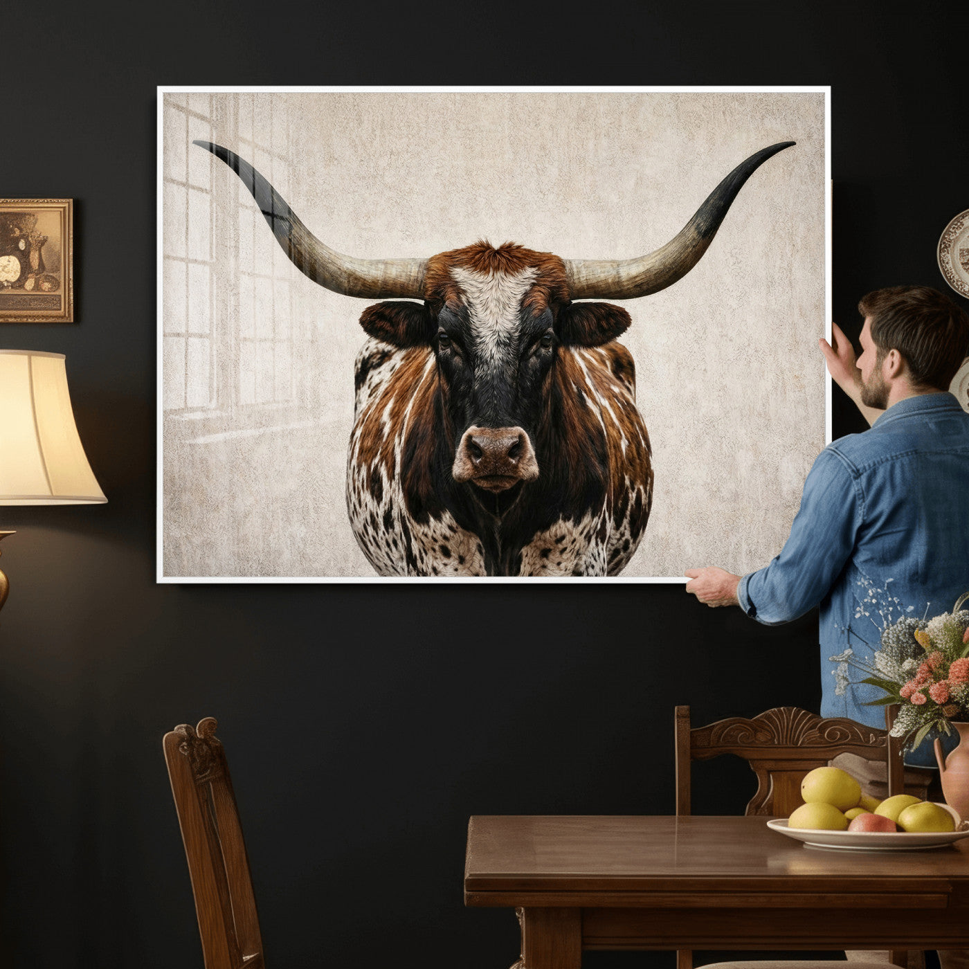 58622065-MGV-CV-36X24 - Texas Longhorn Canvas Wall Art Western Bull Desert Moody Grey Overcast Rustic Farmhouse Framed Large for Living Room Bedroom Office Decor