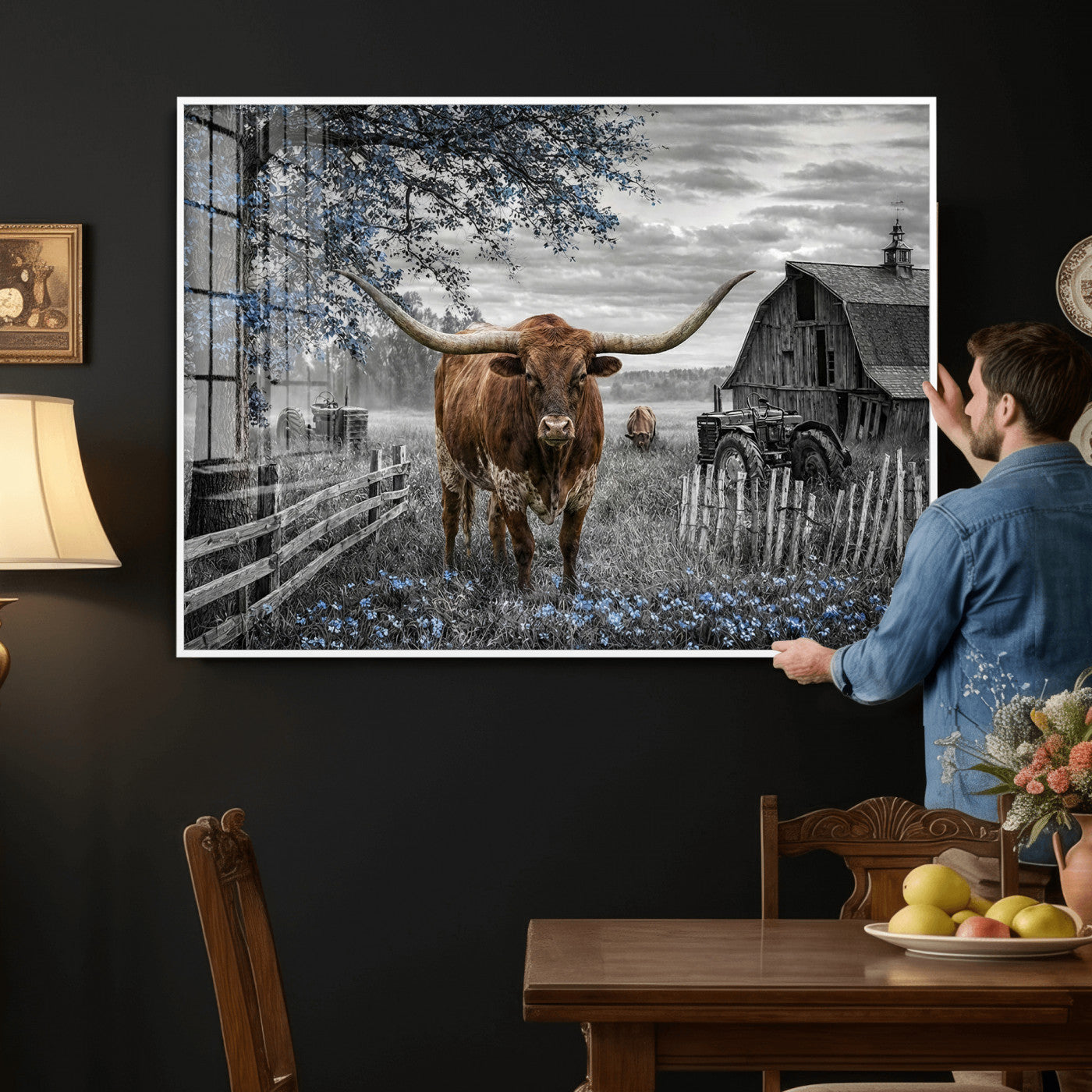 19366343-MGV-CV-36X24 - Texas Longhorn Canvas Wall Art, Rustic Farm Barn Bluebonnet Photography Print, Farmhouse Country Decor, Western Ranch Art, Old Truck Tractor Print