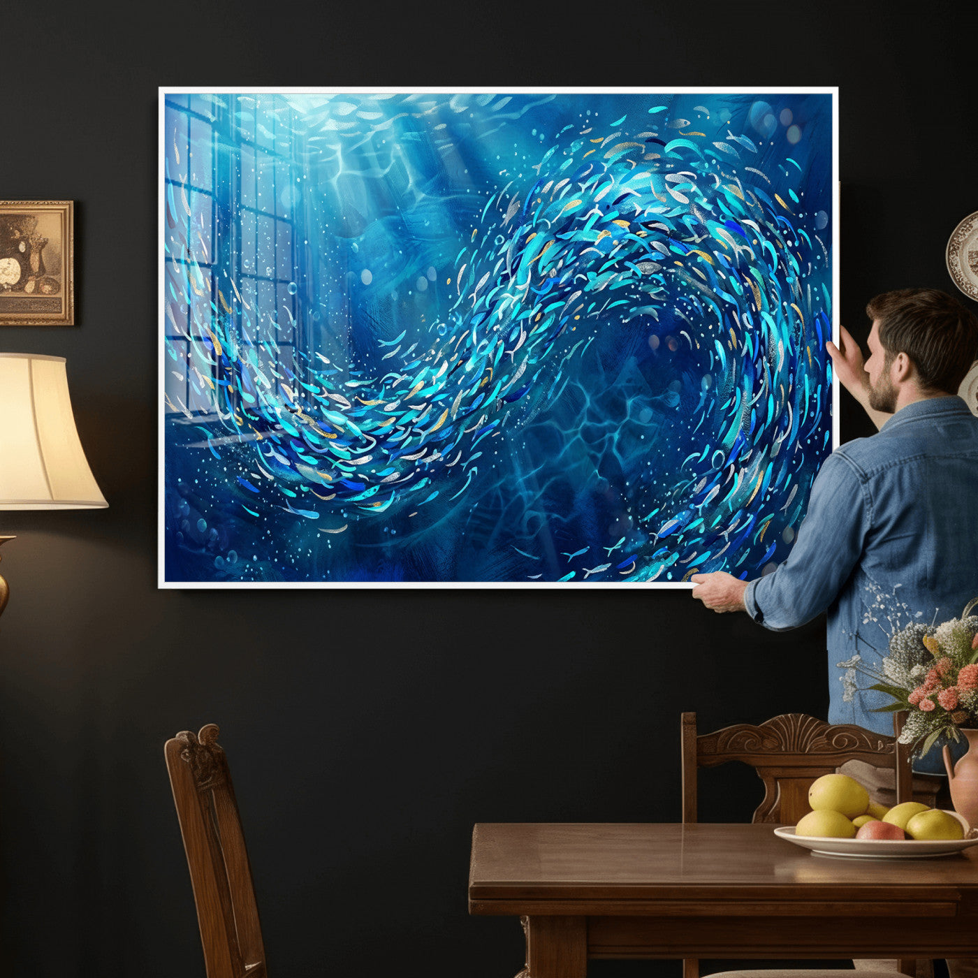 54535639-MGV-CV-36X24 - School of Fish Canvas Print | Blue Ocean Underwater Wall Art | Swirling Fish Shoal Illustration | Marine Navy Coastal Decor