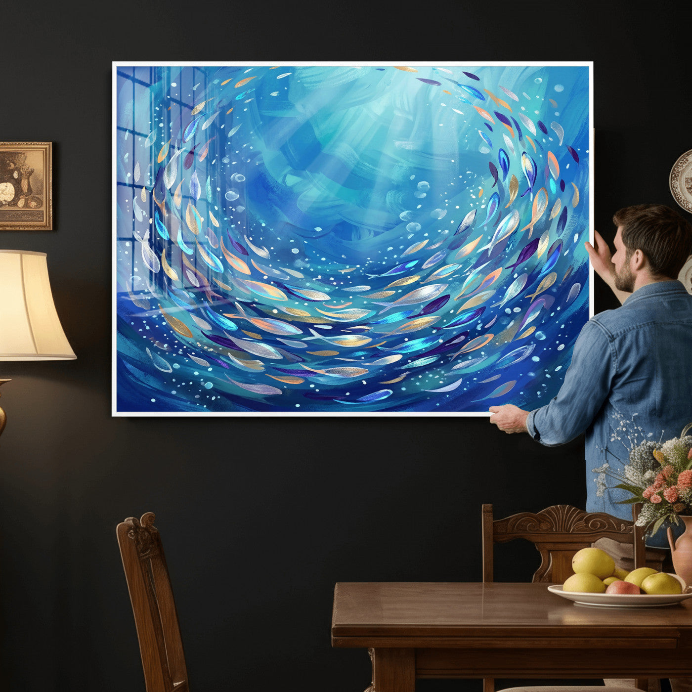 78699899-MGV-CV-36X24 - School of Fish Canvas Print | Blue Ocean Underwater Wall Art | Swirling Fish Shoal Illustration | Marine Navy Coastal Decor