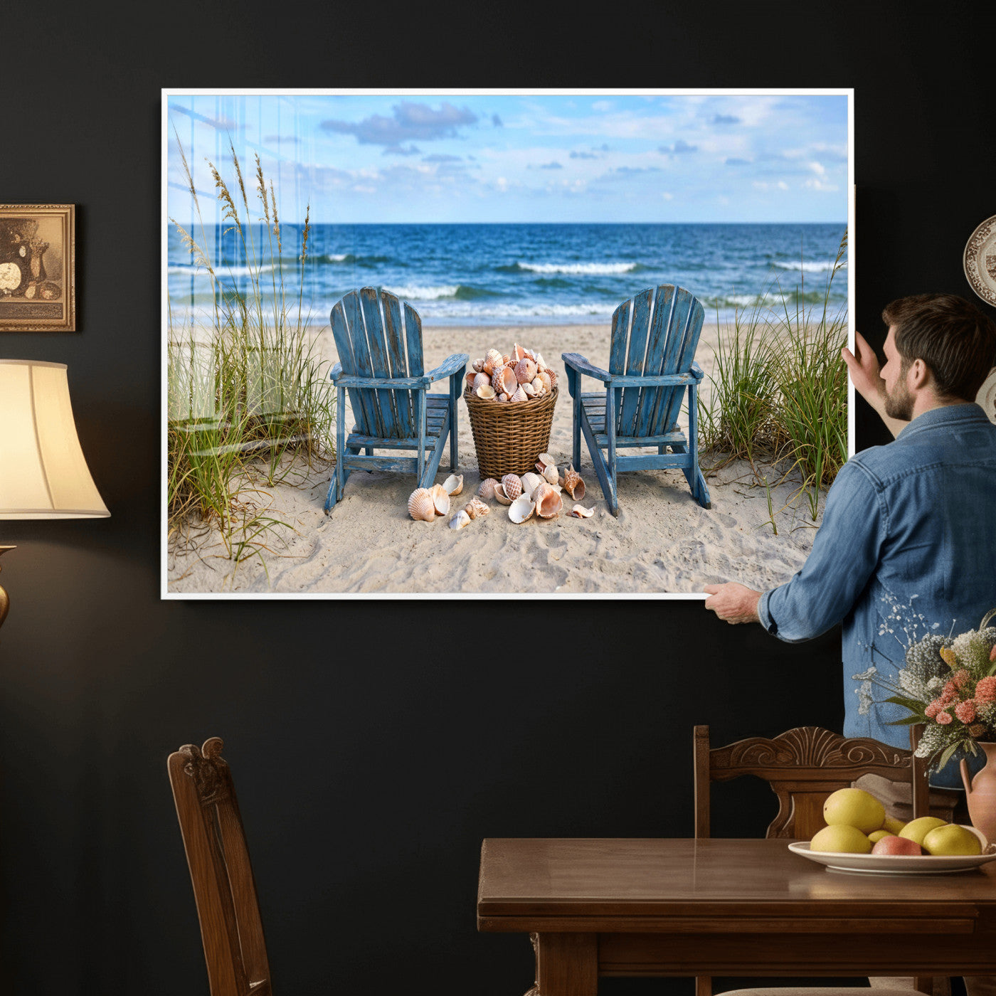 80268829-MGV-CV-36X24 - Large Beach Canvas Wall Art Coastal Adirondack Chairs Ocean Seashells Blue Nautical Framed Large for Living Room Bedroom Bathroom Decor