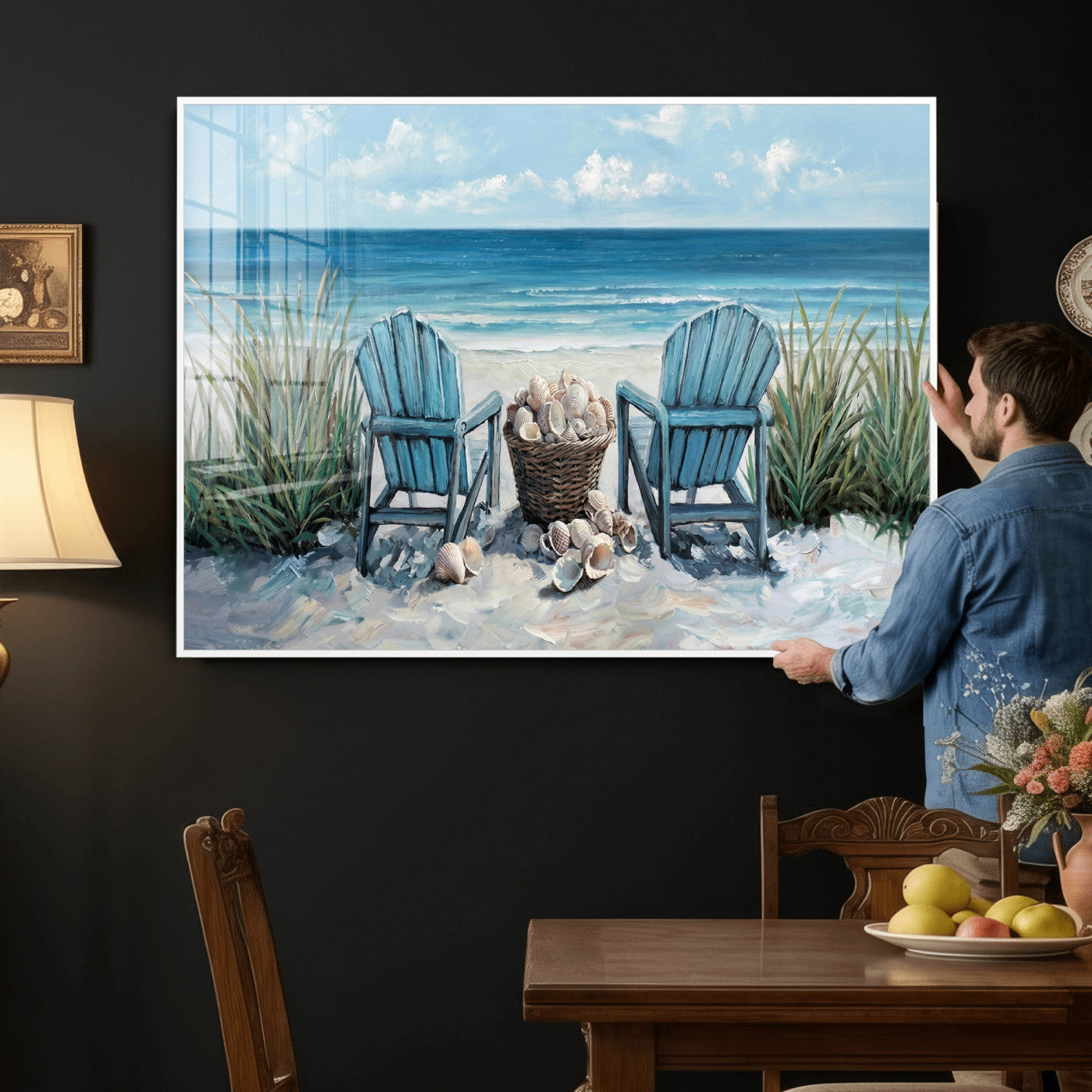 11973028-MGV-CV-36X24 - Beach Canvas Wall Art Coastal Adirondack Chairs Ocean Seashells Blue Nautical Framed Large for Living Room Bedroom Bathroom Decor