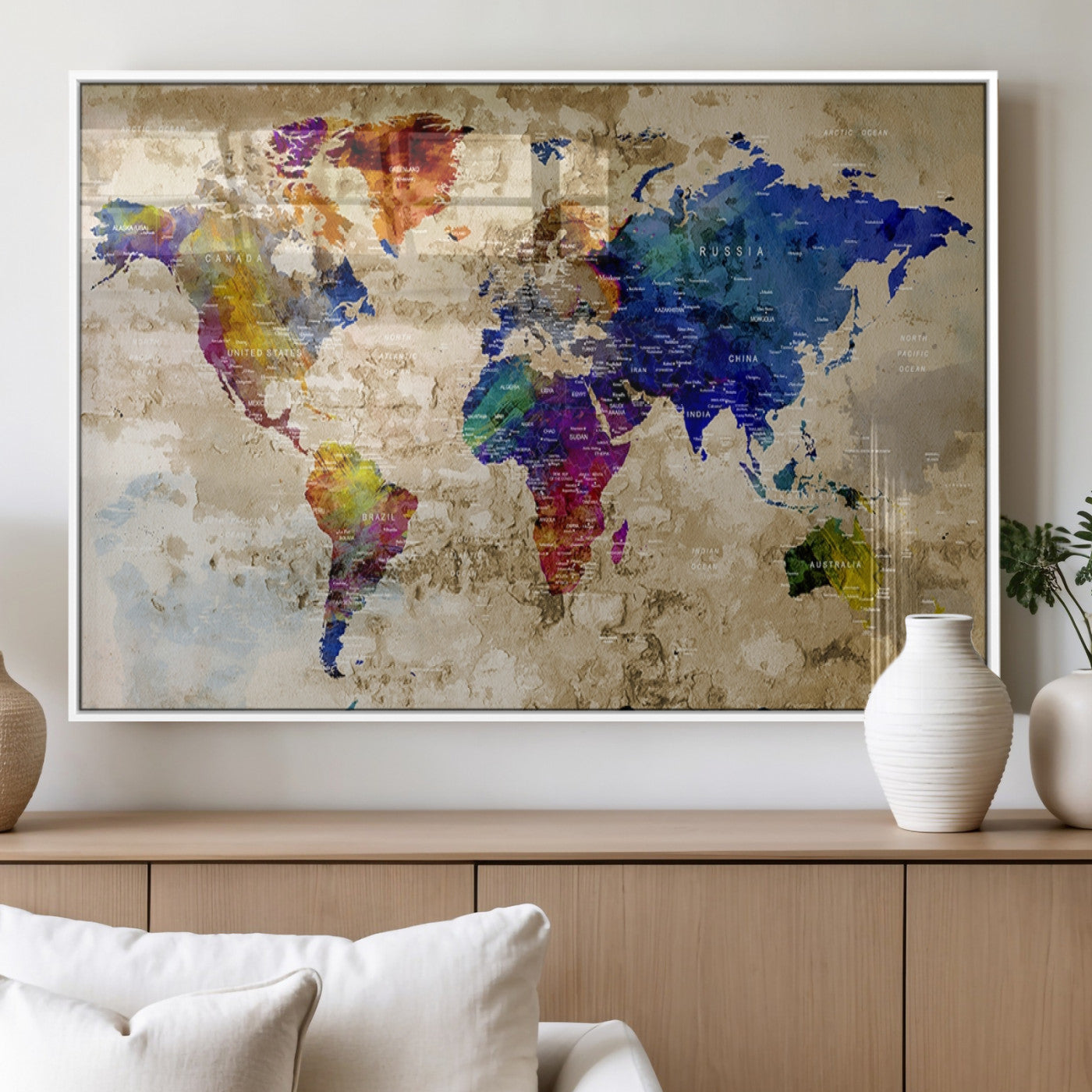 92939-MGV-FP-36X24-3P_White-Colorful World Map Canvas Wall Art – Abstract Watercolor Map Print, Modern Travel Decor for Home Office or Study
