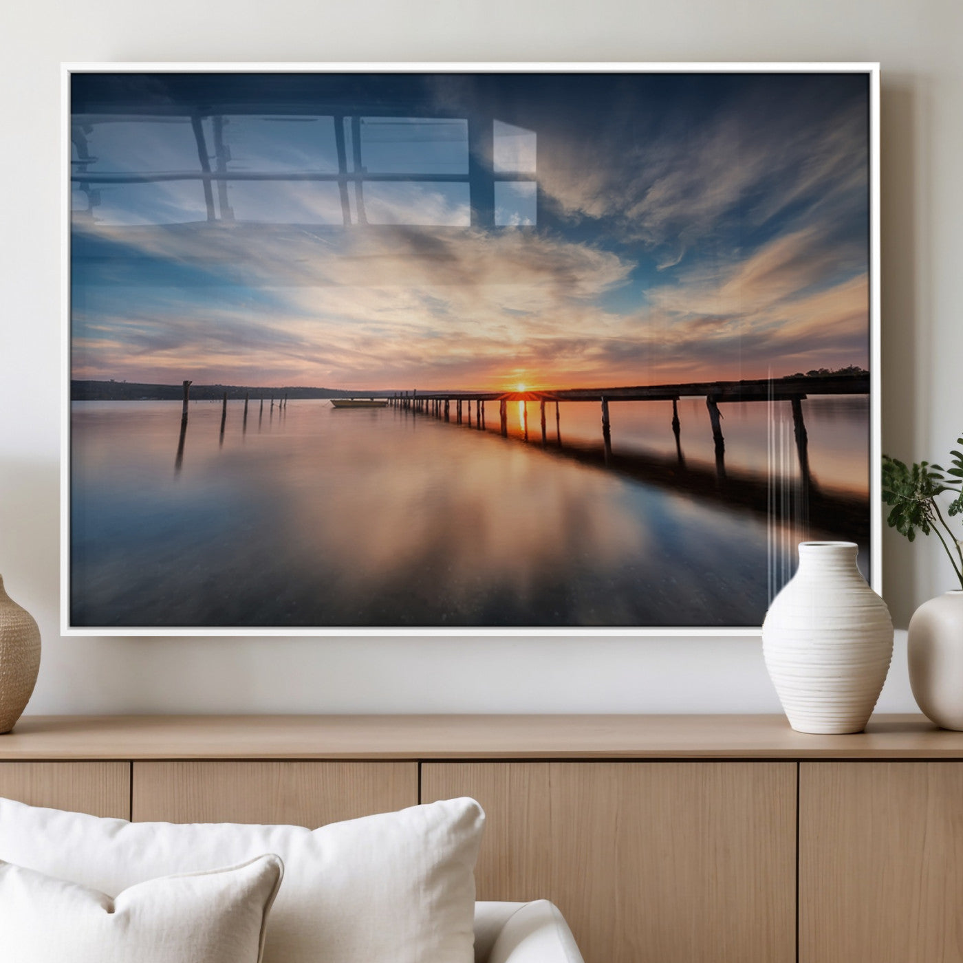 39967-MGV-FP-36X24-3P_White-Wooden Pier on Seascape and Sunset Wall Art Canvas Print