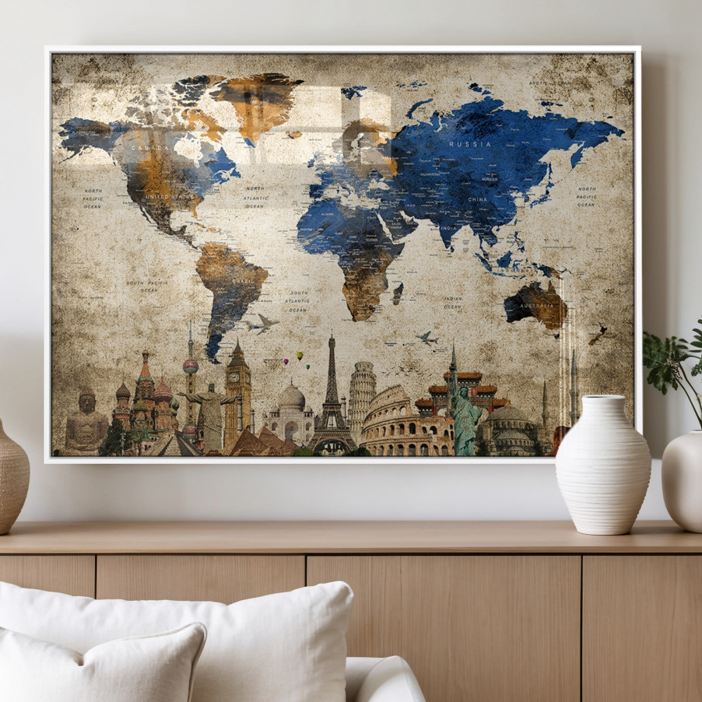 20261-MGV-FP-36X24-3P_White-World Map Canvas Print – Vintage Blue and Gold World Map Wall Art, Framed Travel Inspired Decor for Living Room or Office