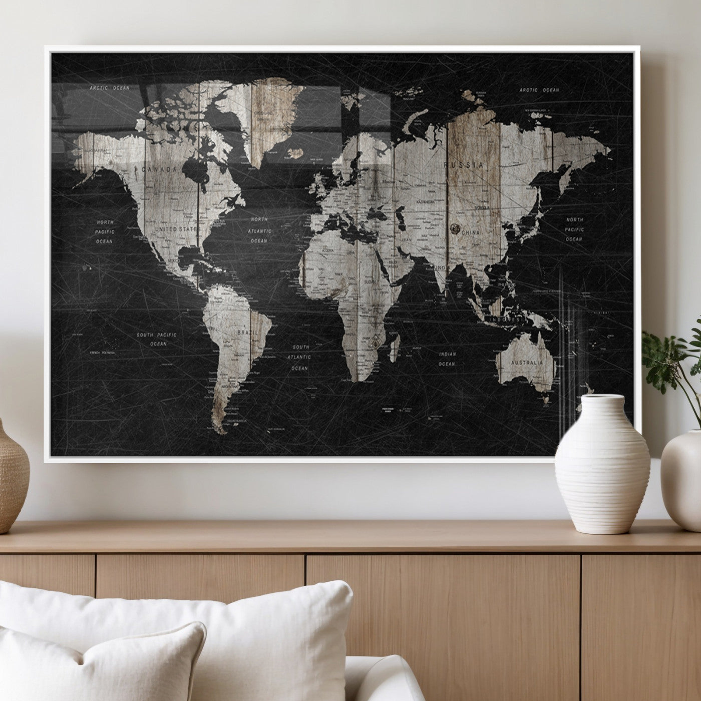 89998-MGV-FP-36X24-3P_White-Rustic Black and Wood World Map Canvas Wall Art – Framed Push Pin Travel Map for Home and Office Decor, Modern Vintage Wall Artwork