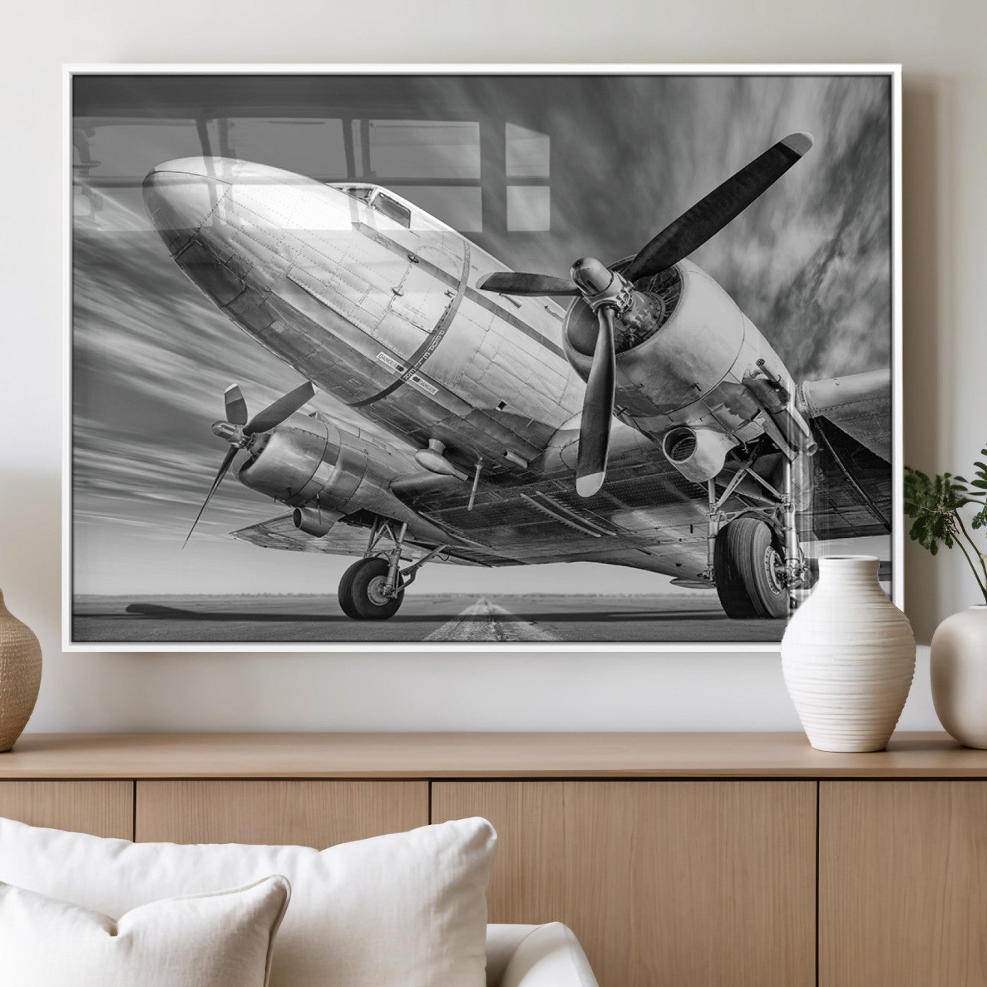 82744-MGV-FP-36X24-3P_White-Vintage Airplane on Runway Canvas Print