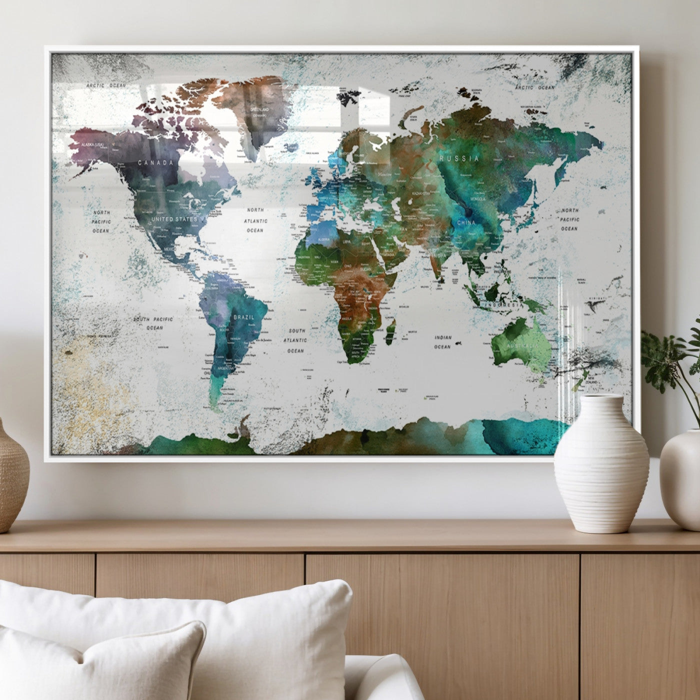 13140-MGV-FP-36X24-3P_White-Modern Watercolor World Map Canvas Wall Art – Framed Abstract Map Print, Contemporary Travel Artwork for Elegant Home and Office Decor