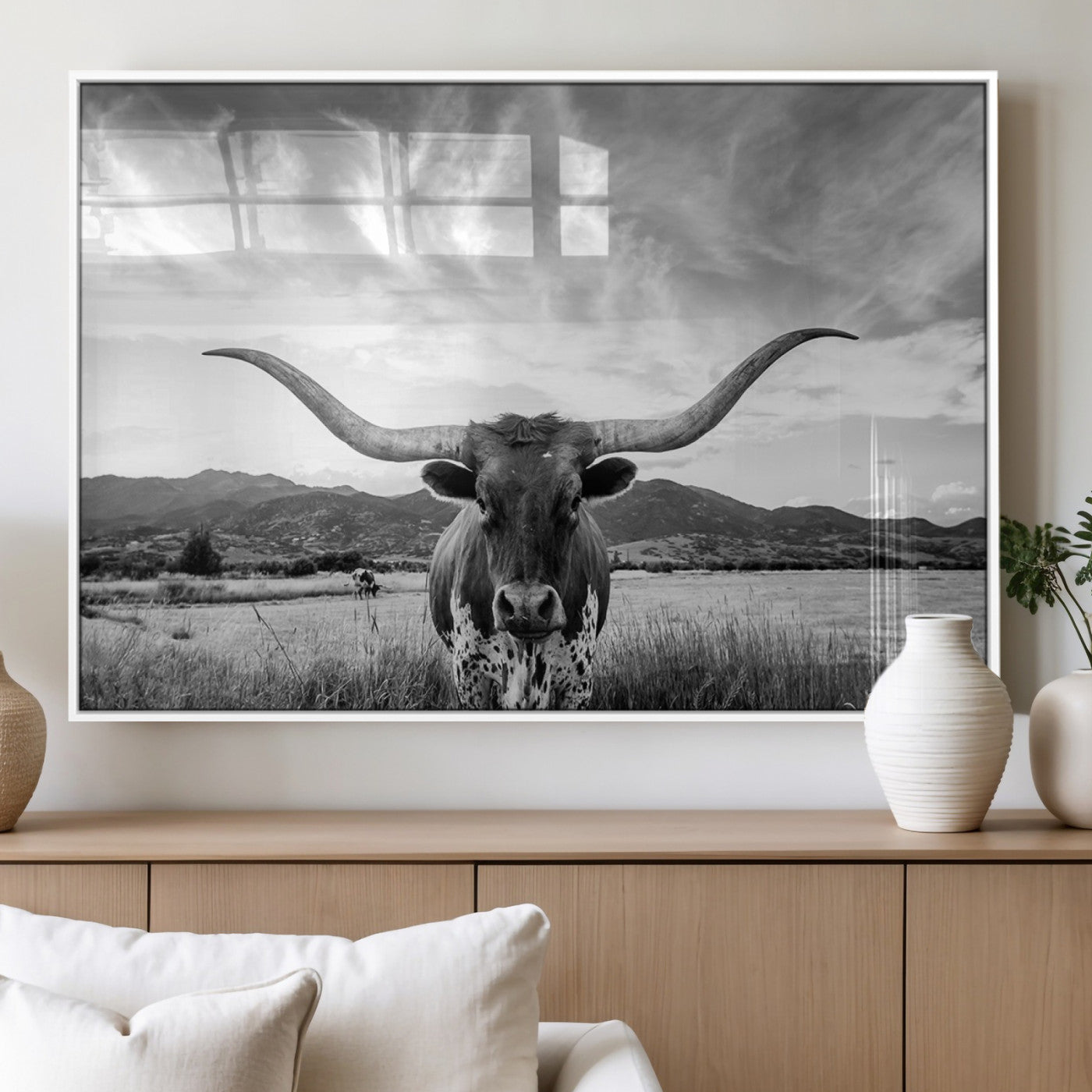 79527-MGV-FP-36X24-3P_White-Longhorn Black and White Wall Art – Rustic Western Bull Canvas Print, Farmhouse Country Decor for Living Room, Office or Ranch, Cowboy Wall Artwork