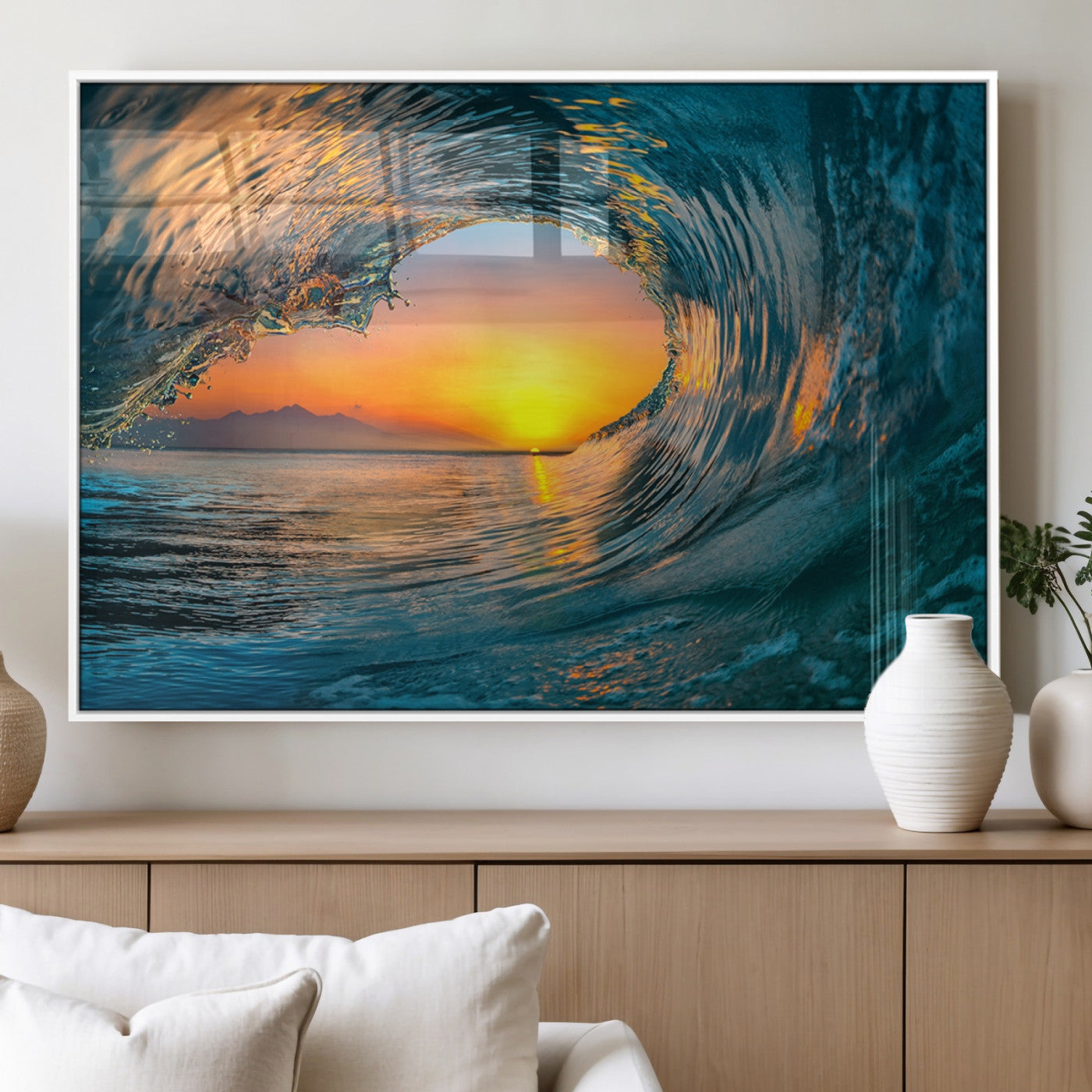 84279-MGV-FP-36X24-3P_White-Ocean Wave Sunset Wall Art | Large Coastal Wave Canvas Print | 3-Panel Ocean Sunset Seascape for