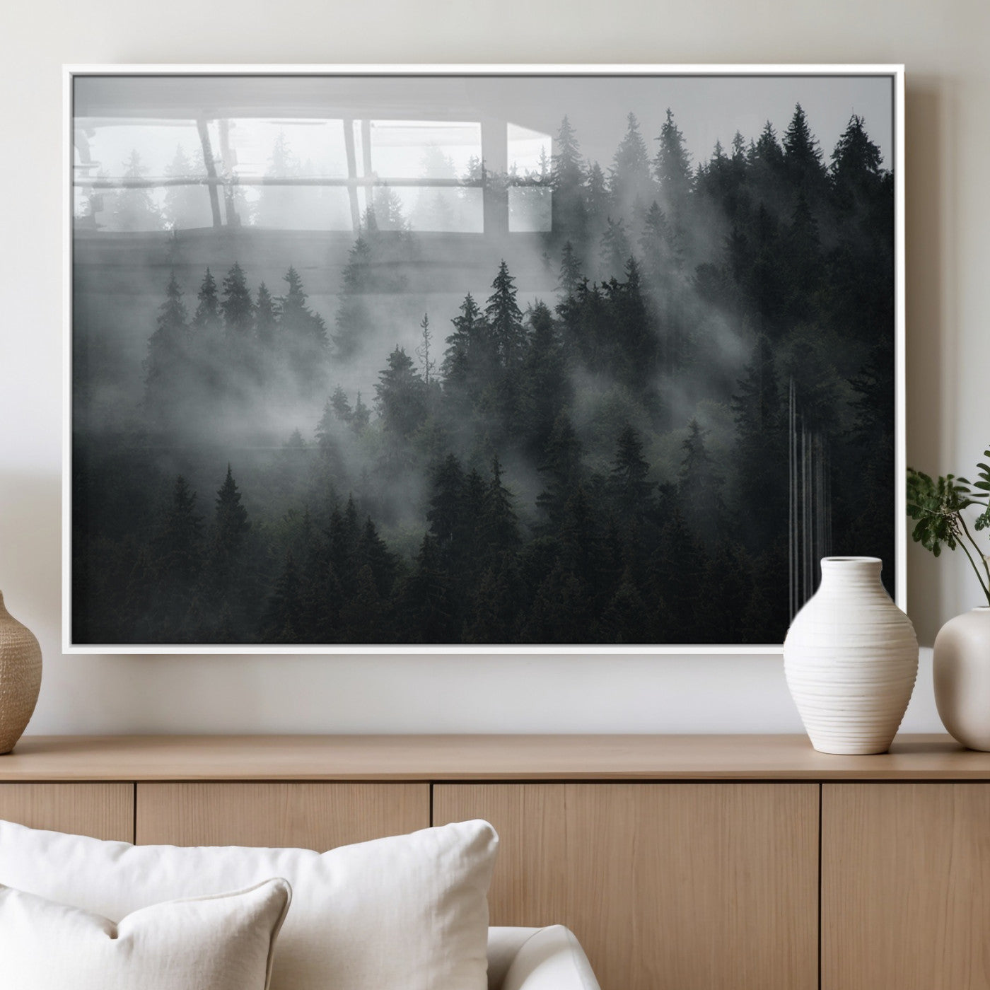 52359-MGV-FP-36X24-3P_White-Foggy Forest Wall Art Canvas Print | 3 Panel Large Misty Landscape for Dining Room, Office, or