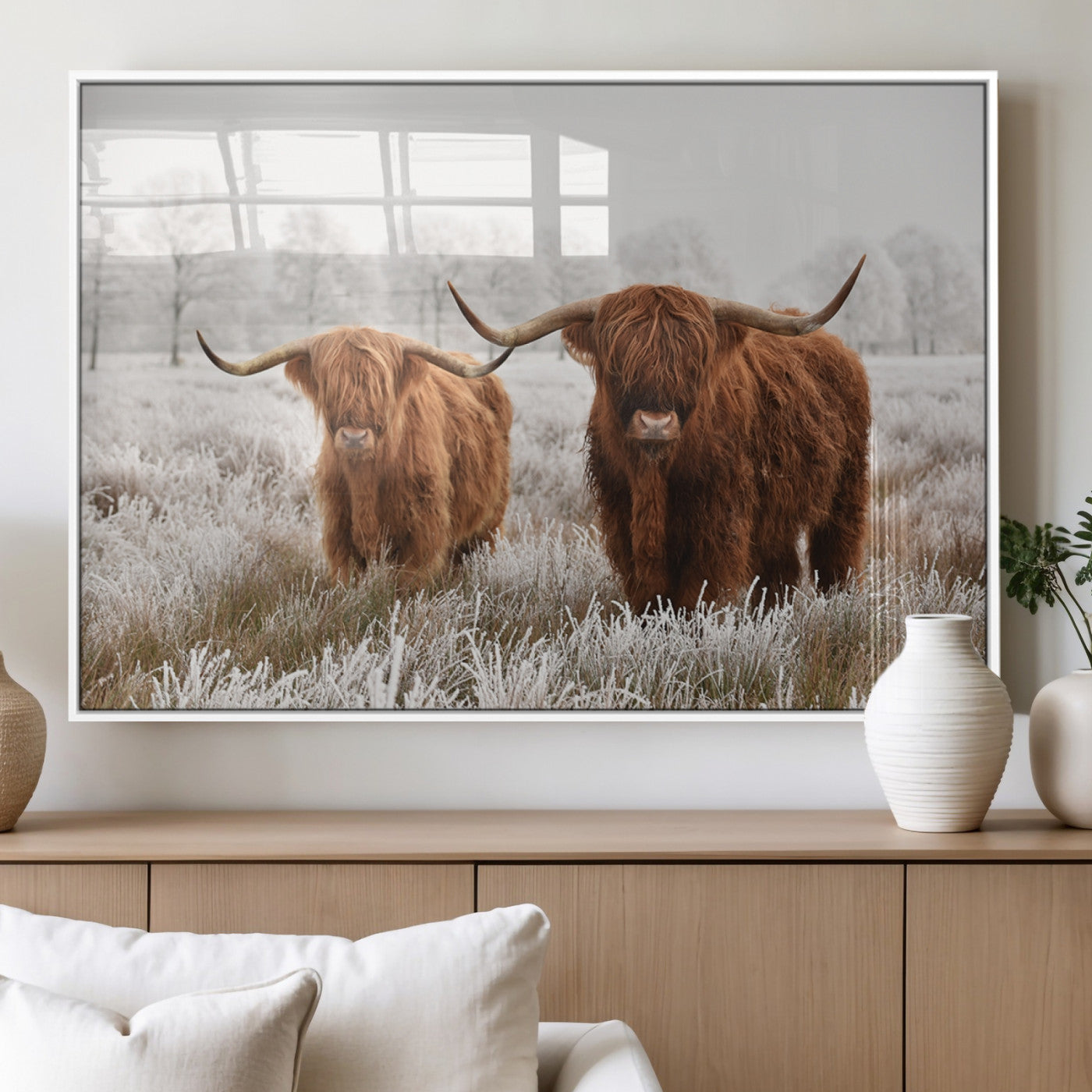 60379-MGV-FP-36X24-3P_White-Longhorn Cattle Wall Art Canvas Print, Framed Farmhouse Style Art Picture Print, Rustic Cow Perfect Rustic Farmhouse Decor Artwork