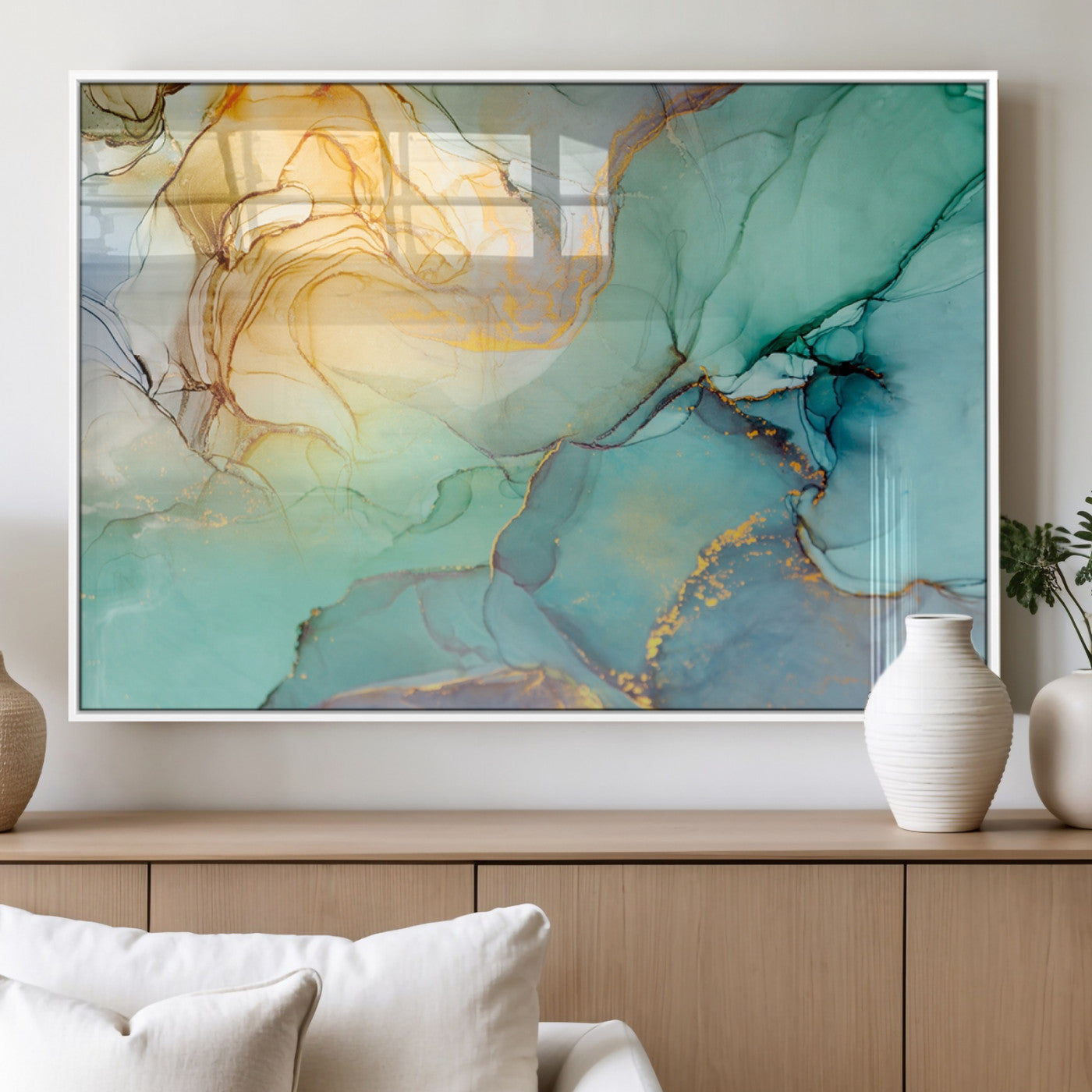 84233-MGV-FP-36X24-3P_White-Abstract Aqua and Gold Fluid Wall Art Canvas | 3 Panel Large Canvas Print for Living Room, Office,