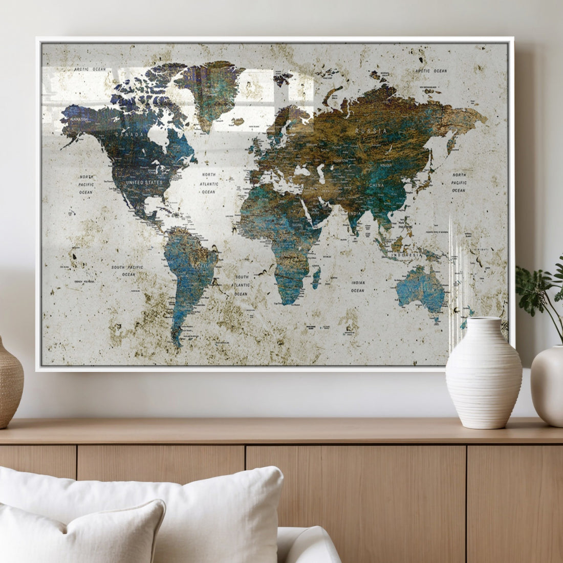 Vintage World Map Wall Art Canvas Print, Framed Rustic Earth Tone Map