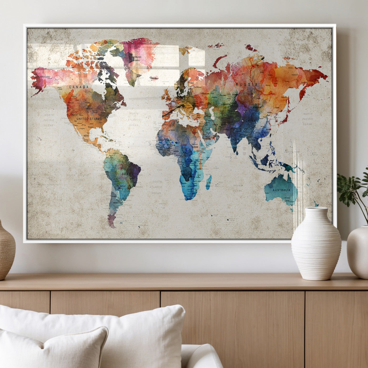 66549-MGV-FP-36X24-3P_White-Colorful Watercolor World Map Canvas Wall Art – Framed Push Pin Travel Map for Home and Office Decor, Artistic Modern Wall Artwork