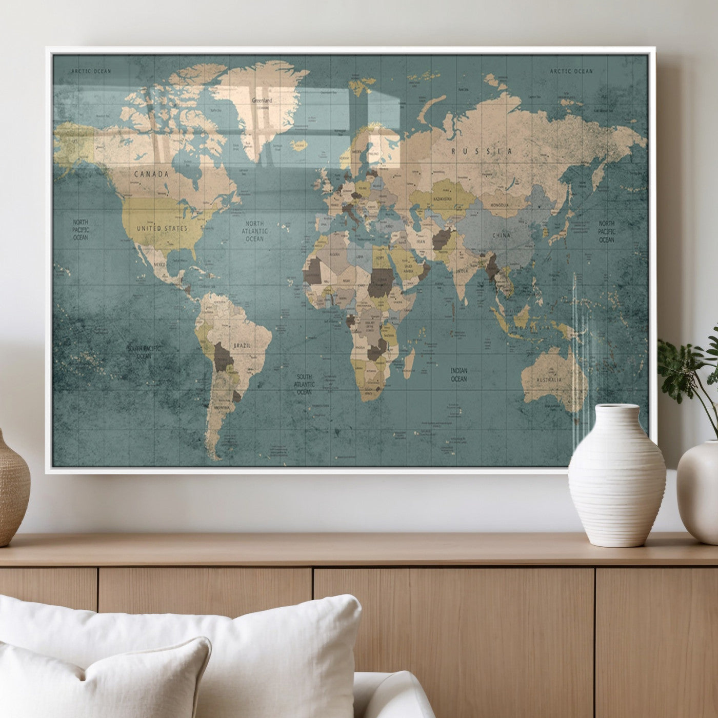 54872-MGV-FP-36X24-3P_White-Classic World Map Canvas Print – Framed Vintage Map Wall Art, Retro Atlas Design for Rustic Explorer or Study Room Decor