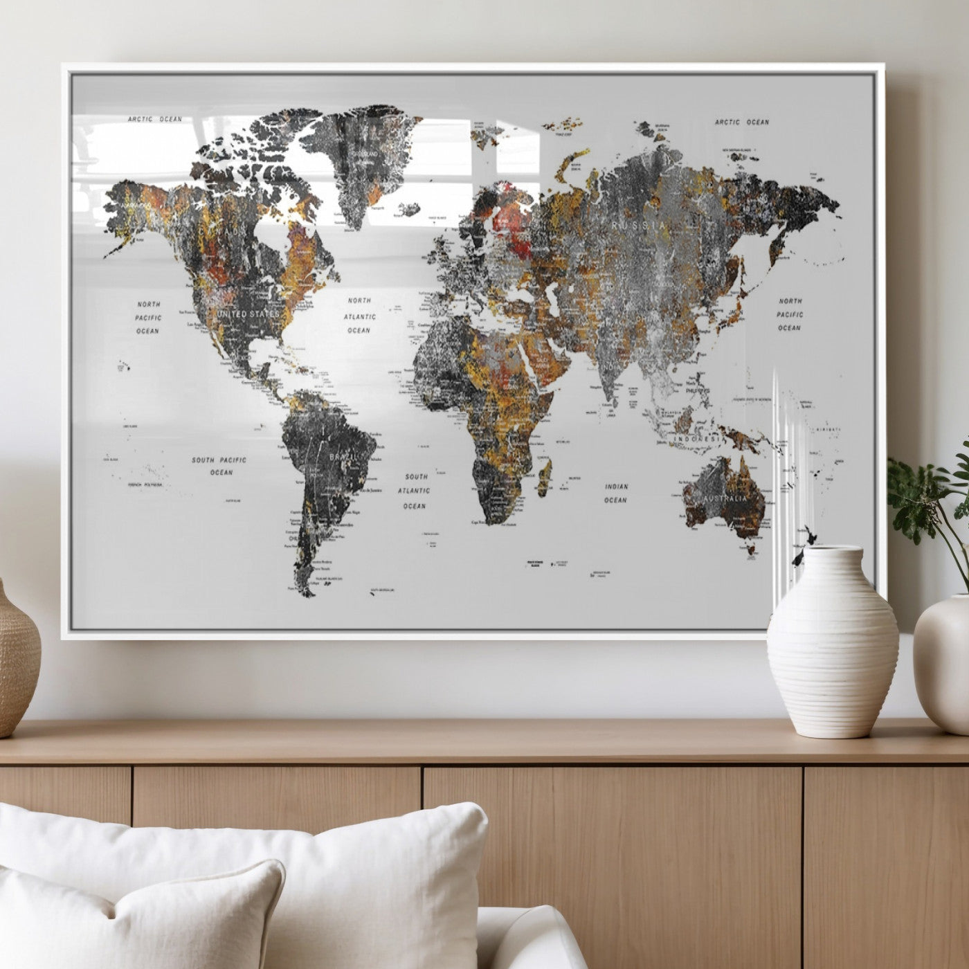 67481-MGV-FP-36X24-3P_White-Modern Metallic World Map Canvas Wall Art – Framed Contemporary World Map Print, Stylish Travel Inspired Decor for Home and Office Walls