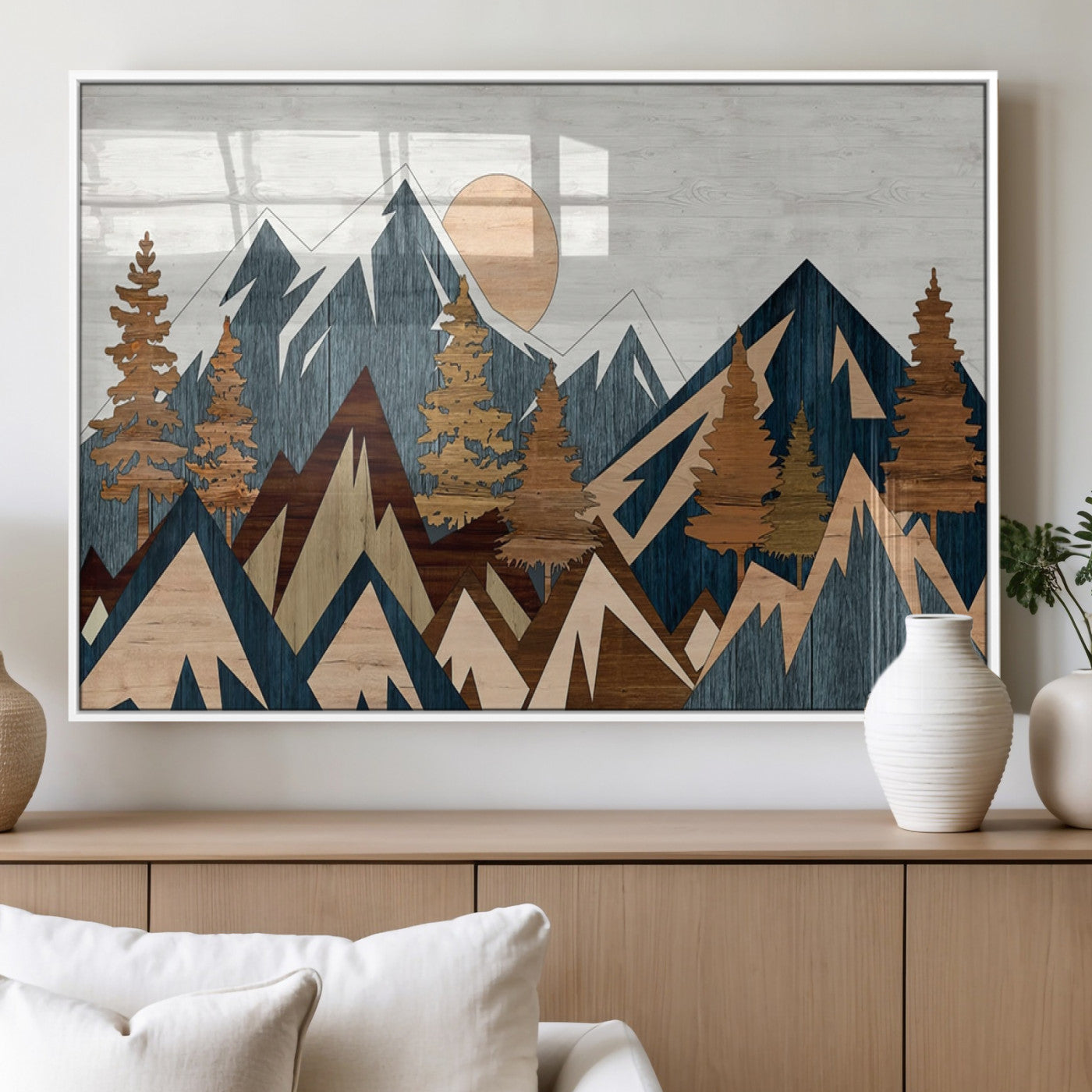 91467-MGV-FP-36X24-3P_White-Abstract Wood Panel Effect Mountain Range Top Wall Art Canvas Print