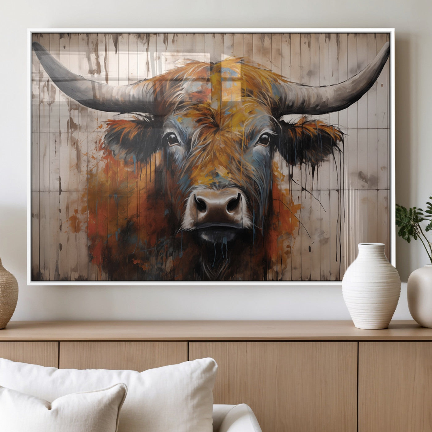 47284-MGV-FP-36X24-3P_White-Abstract Bull Highland Cow Canvas Wall Art Print – Vibrant Rustic Charm in Modern Farmhouse Decor –