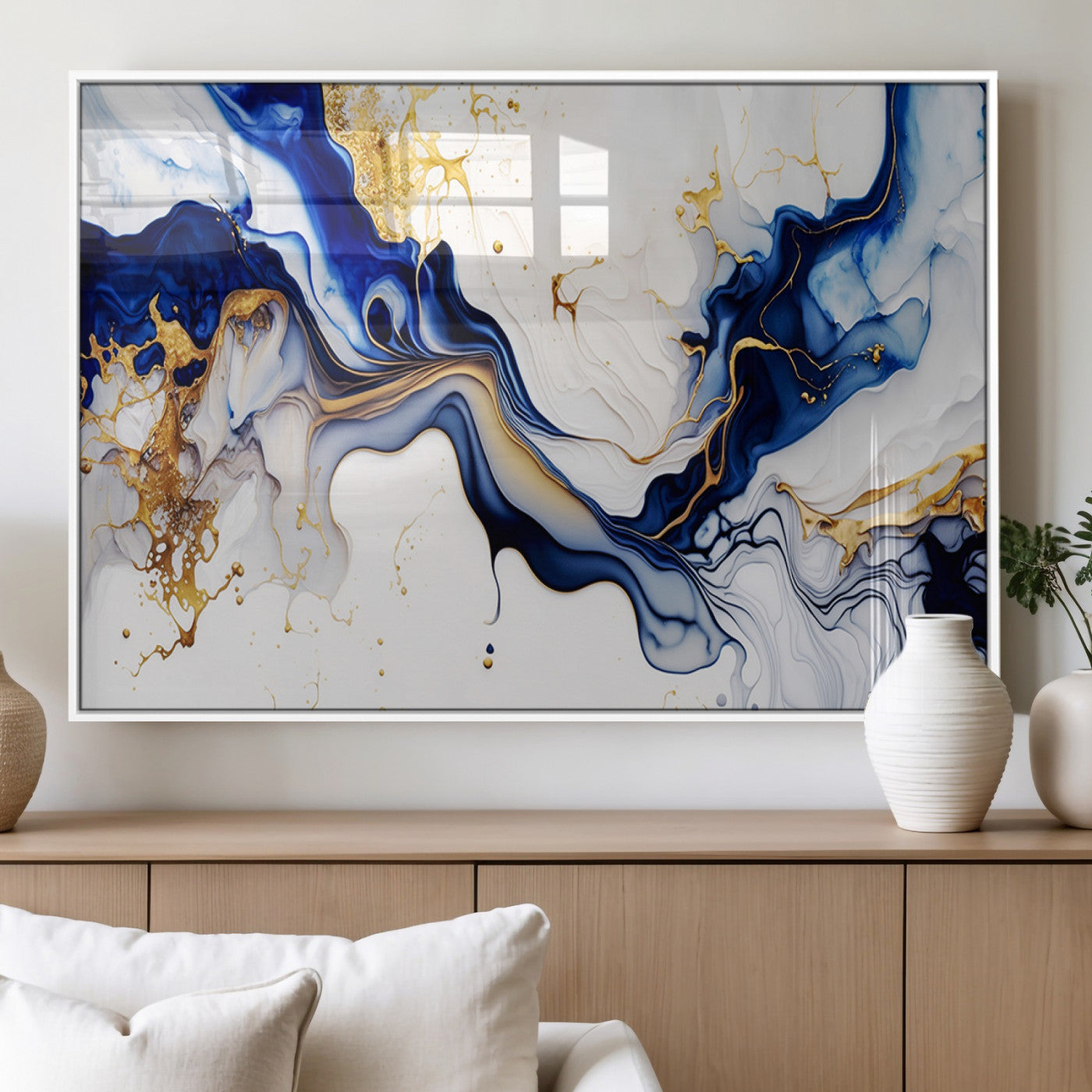 93392-MGV-FP-36X24-3P_White-Golden Cascades on Midnight Blue – Deep Blue Abstract Wall Art Flowing Elegance | Wall Art Canvas,