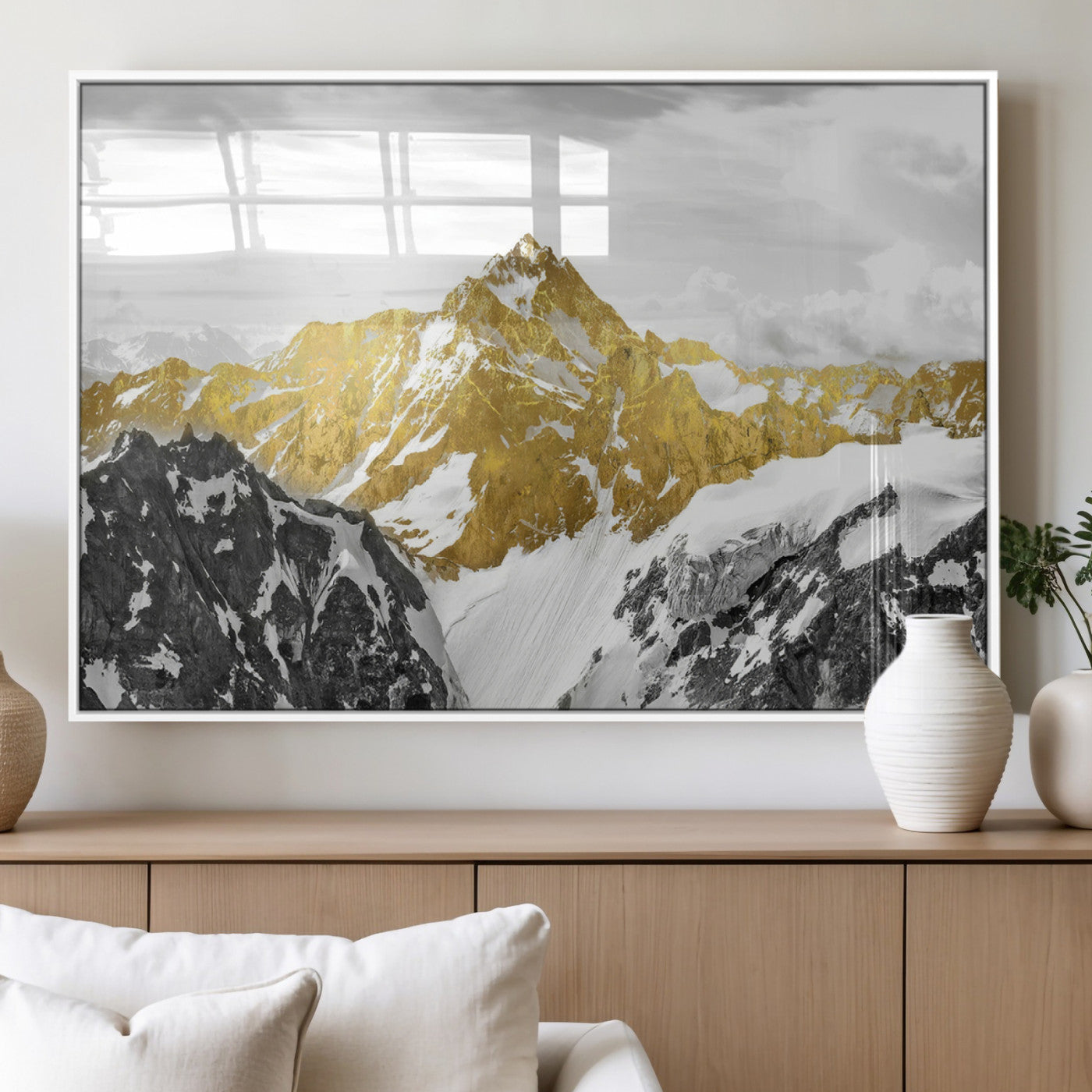 32102-MGV-FP-36X24-3P_White-Gold Abstract Mountains Wall Art Print on Canvas, Nature Wall Art Print,