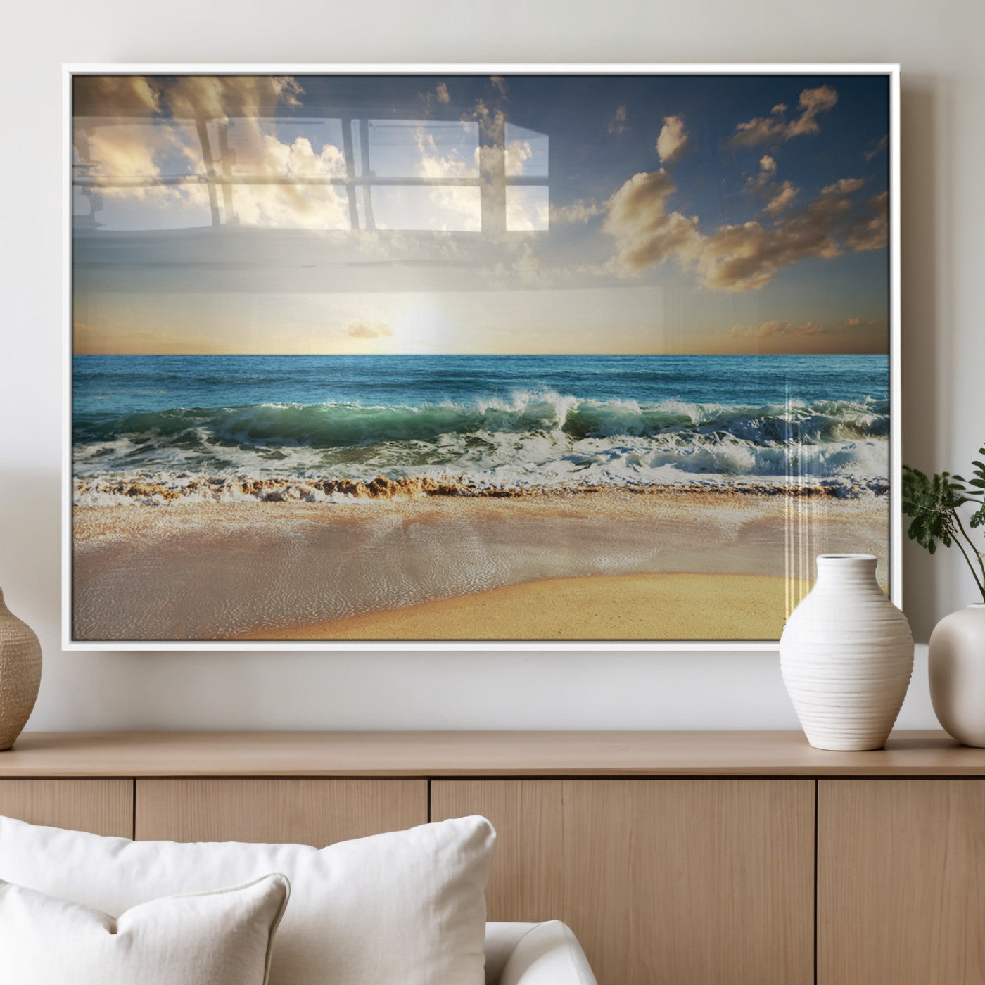 83376-MGV-FP-36X24-3P_White-Golden Sunset Beach Triptych Canvas Wall Art for Living Room – 3-Panel Ocean View, Framed & Ready to