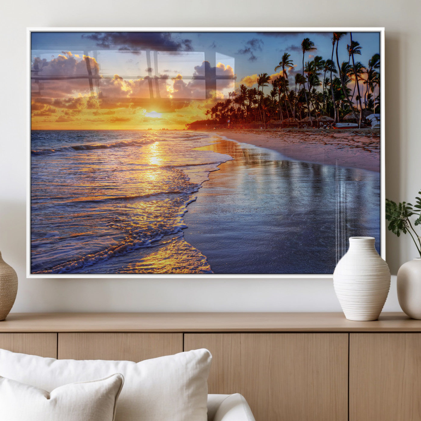 32177-MGV-FP-36X24-3P_White-Serene Beach Sunset Wall Art Canvas- Coastal Seascape Print for Living Room or Bedroom, Ocean Waves