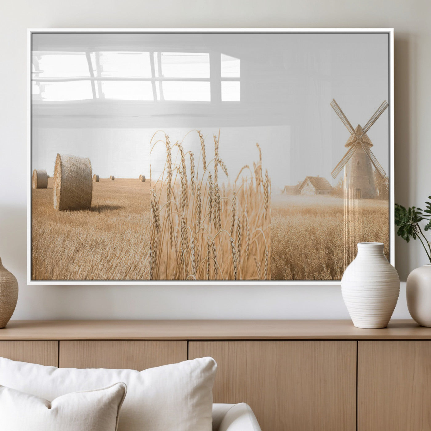88780-MGV-FP-36X24-3P_White-Vintage Farmhouse Triptych Wall Art – Giclée Canvas Featuring Wheat Fields, Hay Bales, and a