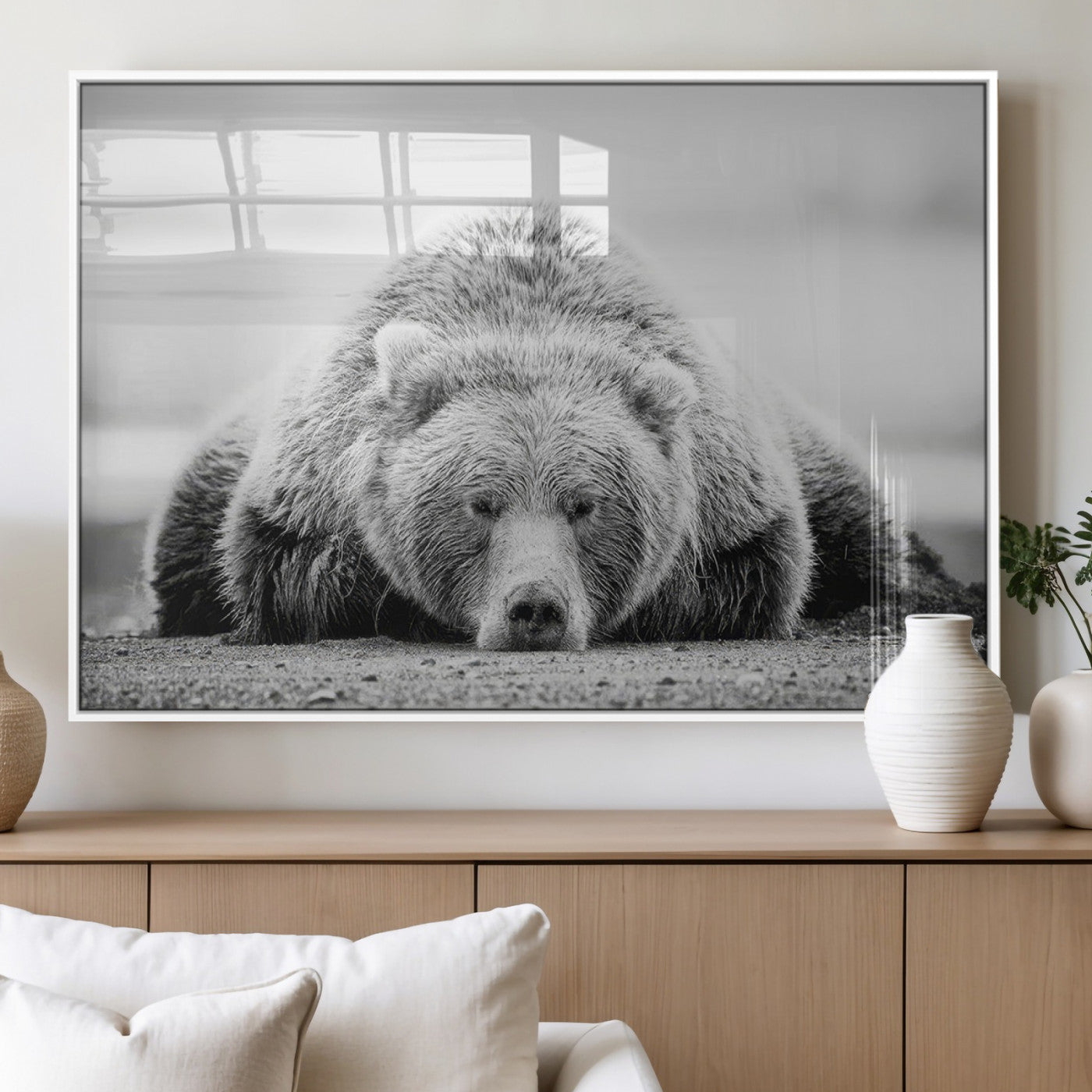 72905-MGV-FP-36X24-3P_White-Resting Grizzly Bear Wall Art Canvas Print – Majestic Lazy Black and White Wildlife Bear Art,