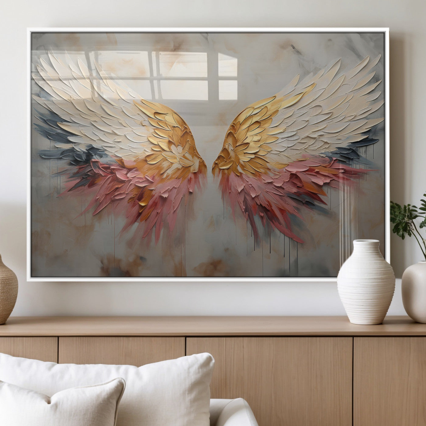 10697-MGV-FP-36X24-3P_White-Golden Angel Wings Wall Art Canvas Print – Stunning Abstract Winged Art for Elegant Home Decor –