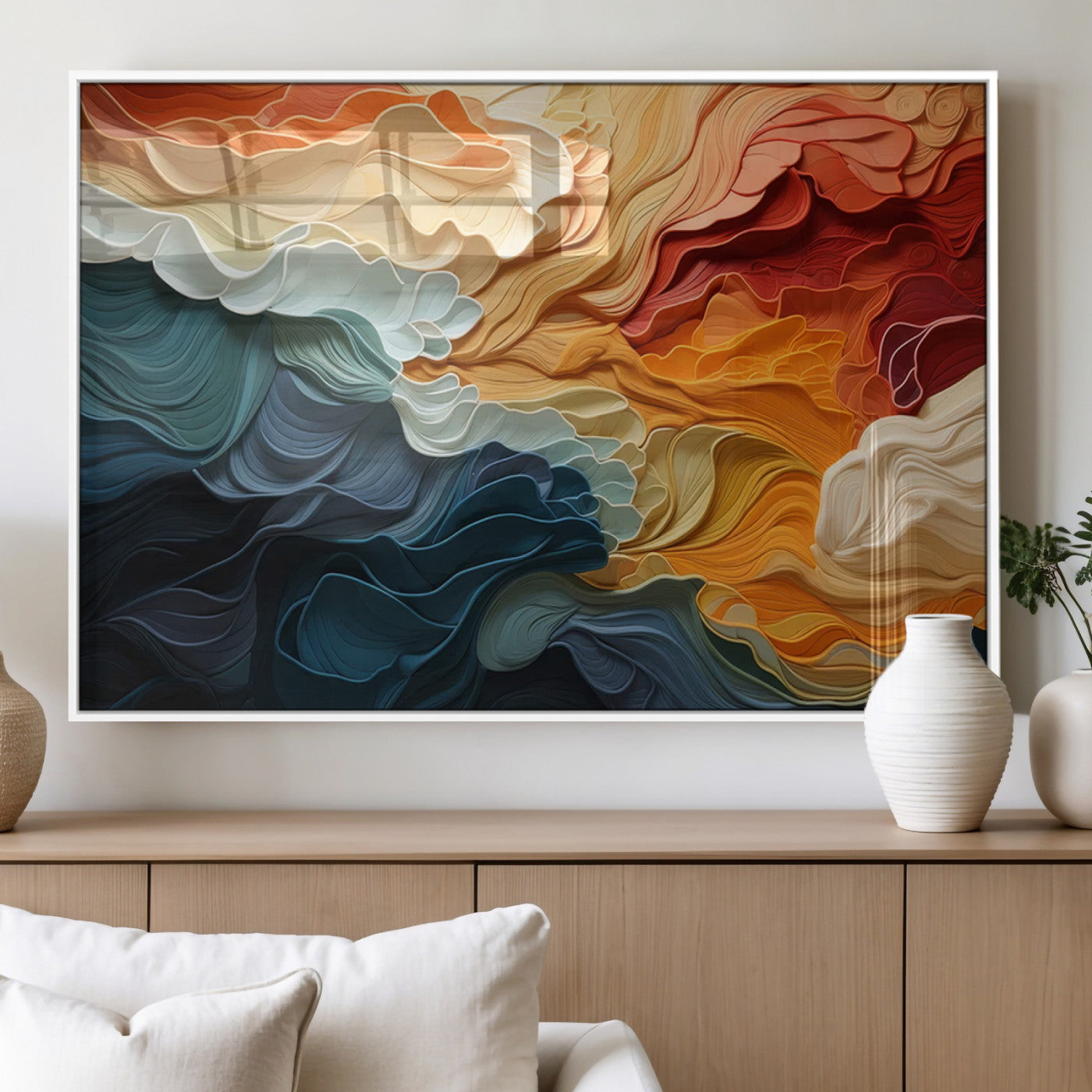 31634-MGV-FP-36X24-3P_White-Blue Orange Abstract Wave Wall Art Canvas Print, Framed Blue Orange Wave Wall Art