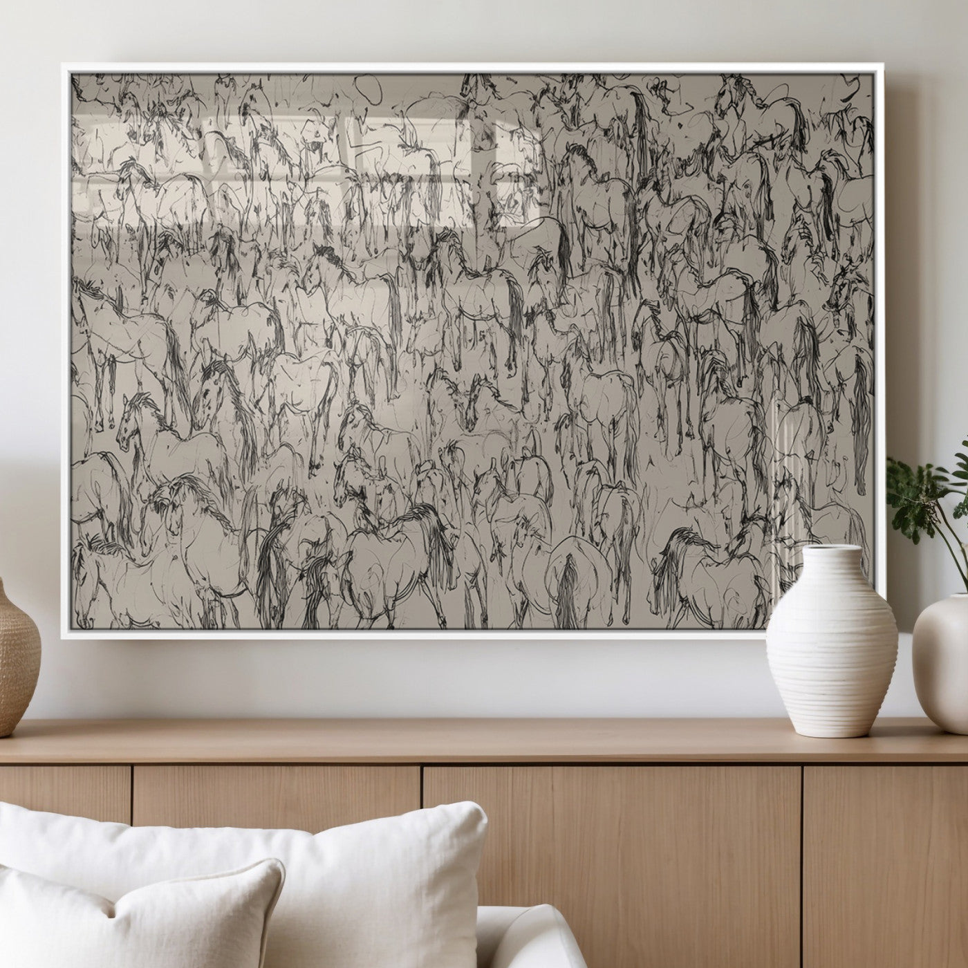 25718-MGV-FP-36X24-3P_White-Abstract Horse Sketch Wall Art | Ready to Hang and Framed | Farmhouse Wall Decor for Living Room or