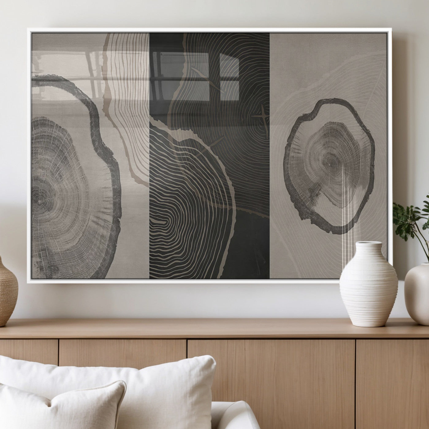 25407-MGV-FP-36X24-3P_White-Modern Abstract Tree Ring Canvas Art Set | 3 Panel Large Tree Ring Design for Living Room, Office,