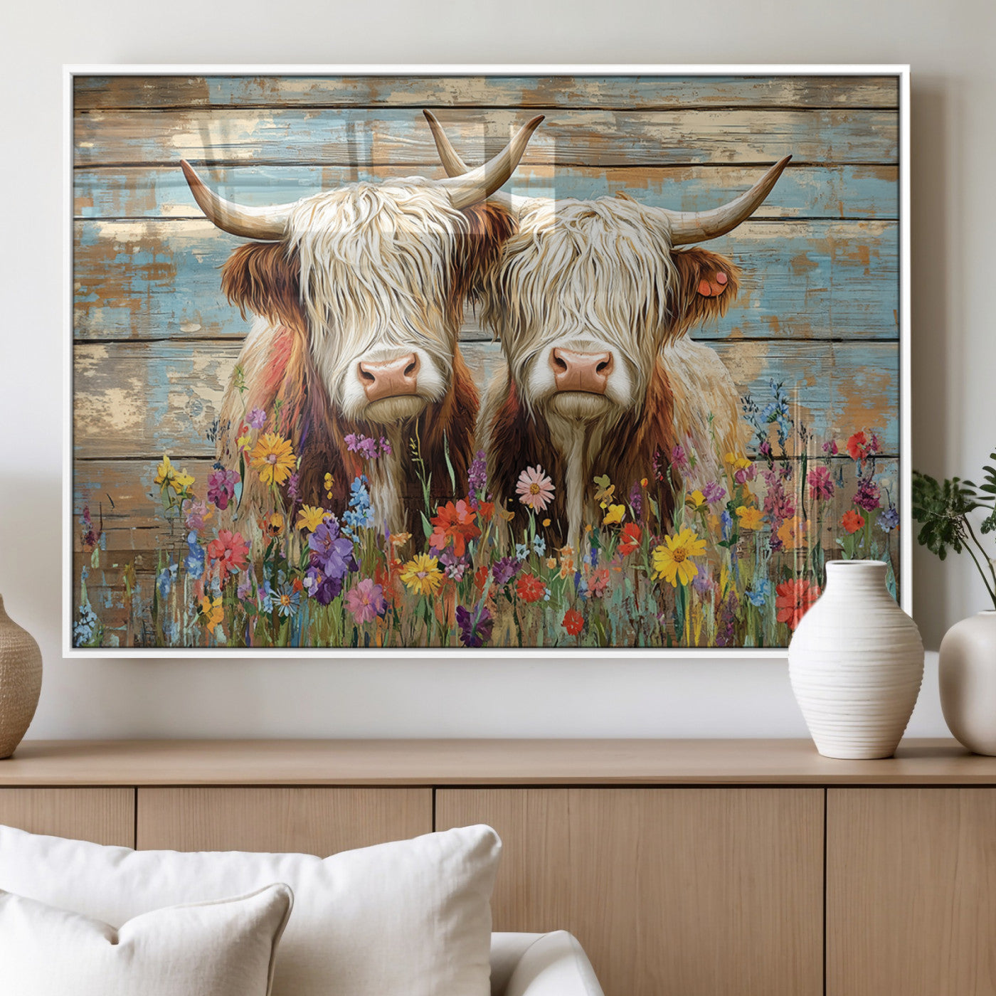 36972-MGV-CV-36X24 - Cute Highland Cow Canvas Wall Art - Rustic Farmhouse Decor with Colorful Flowers Perfect Wall Art