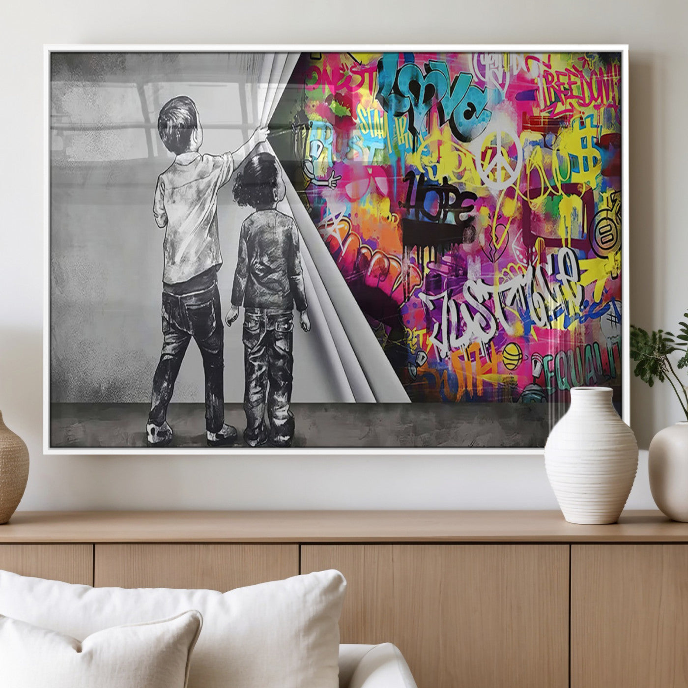 92809-MGV-FP-36X24-3P_White-Banksy Print - Street Art Canvas Wall Art - Kids Revealing Graffiti, Urban Modern Decor for Living