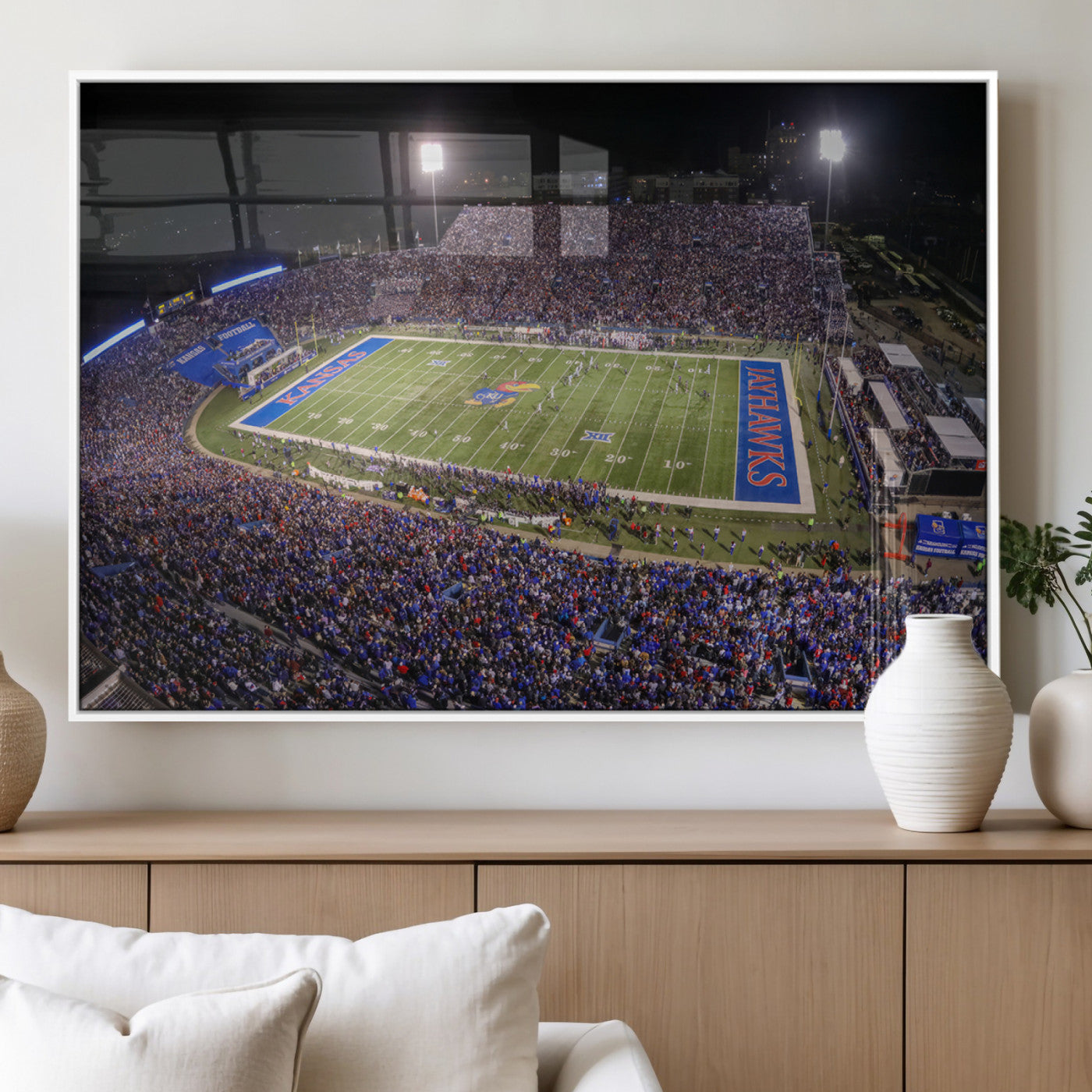 69760-MGV-FP-36X24-3P_White-University of Kansas Jayhawks Football Team Print - Lawrence Kansas Memorial Stadium Wall Art Canvas