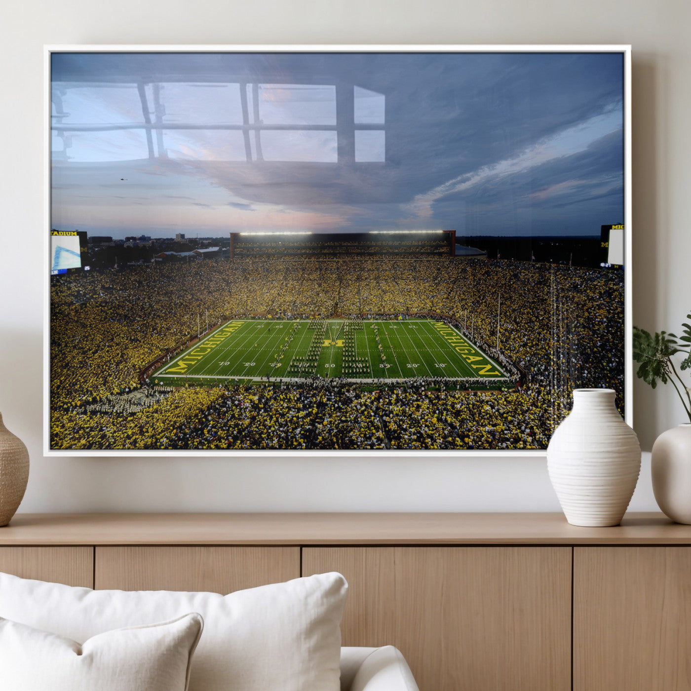 82641-MGV-FP-36X24-3P_White-Michigan Stadium Wall Art Canvas Print – Framed Football Field Scene with Marching Band Artwork for Home, Office