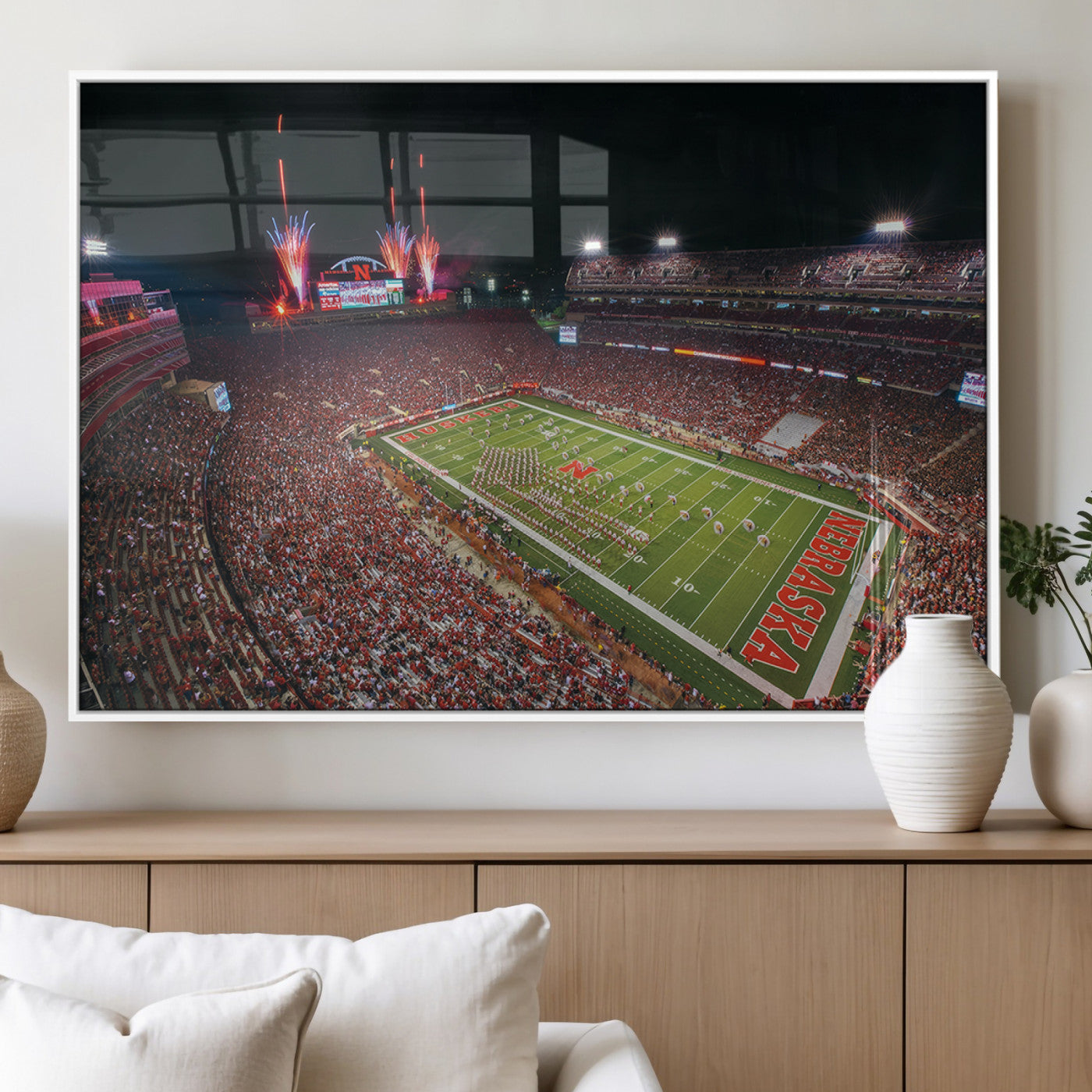 51773-MGV-FP-36X24-3P_White-University of Nebraska Cornhuskers Football Team Print - Lincoln Memorial Stadium Wall Art Canvas