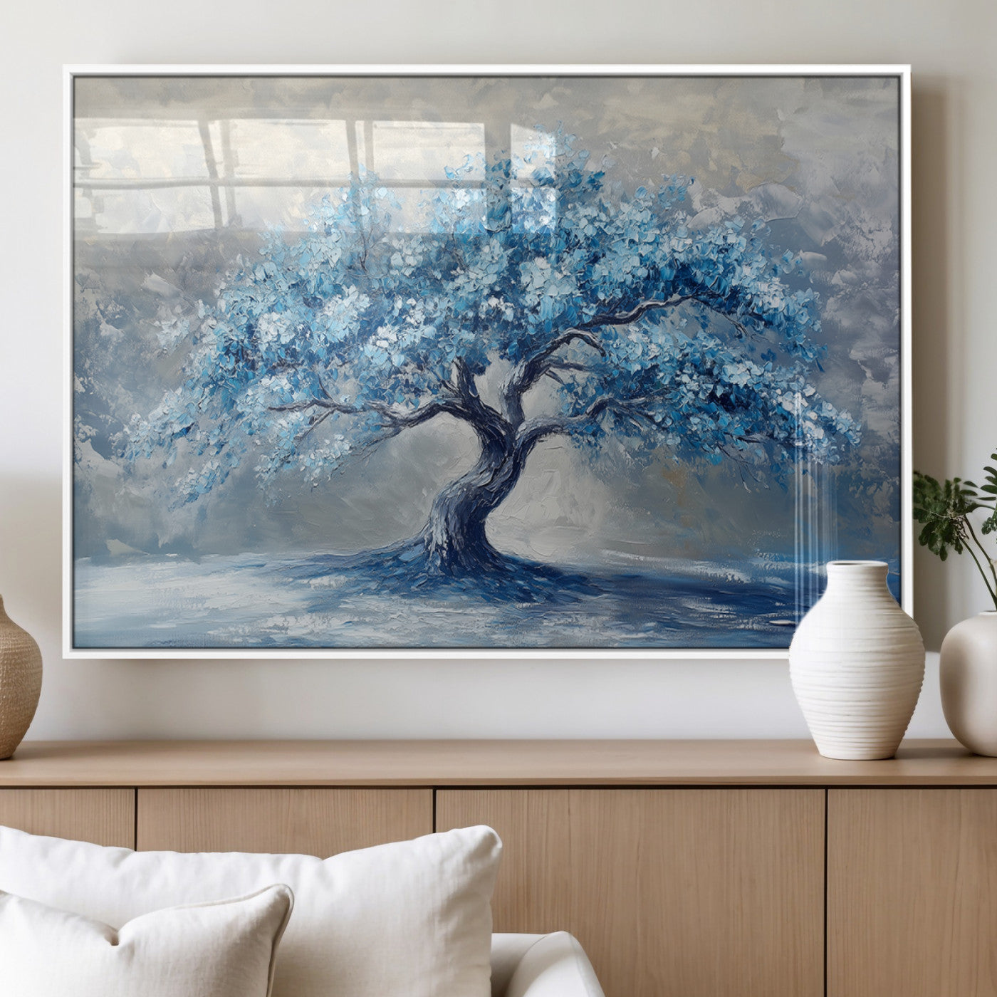 56105-MGV-FP-36X24-3P_White-Abstract Blue Tree Art Canvas Print, Majestic Tree Wall Art Print for Farmhouse Decor