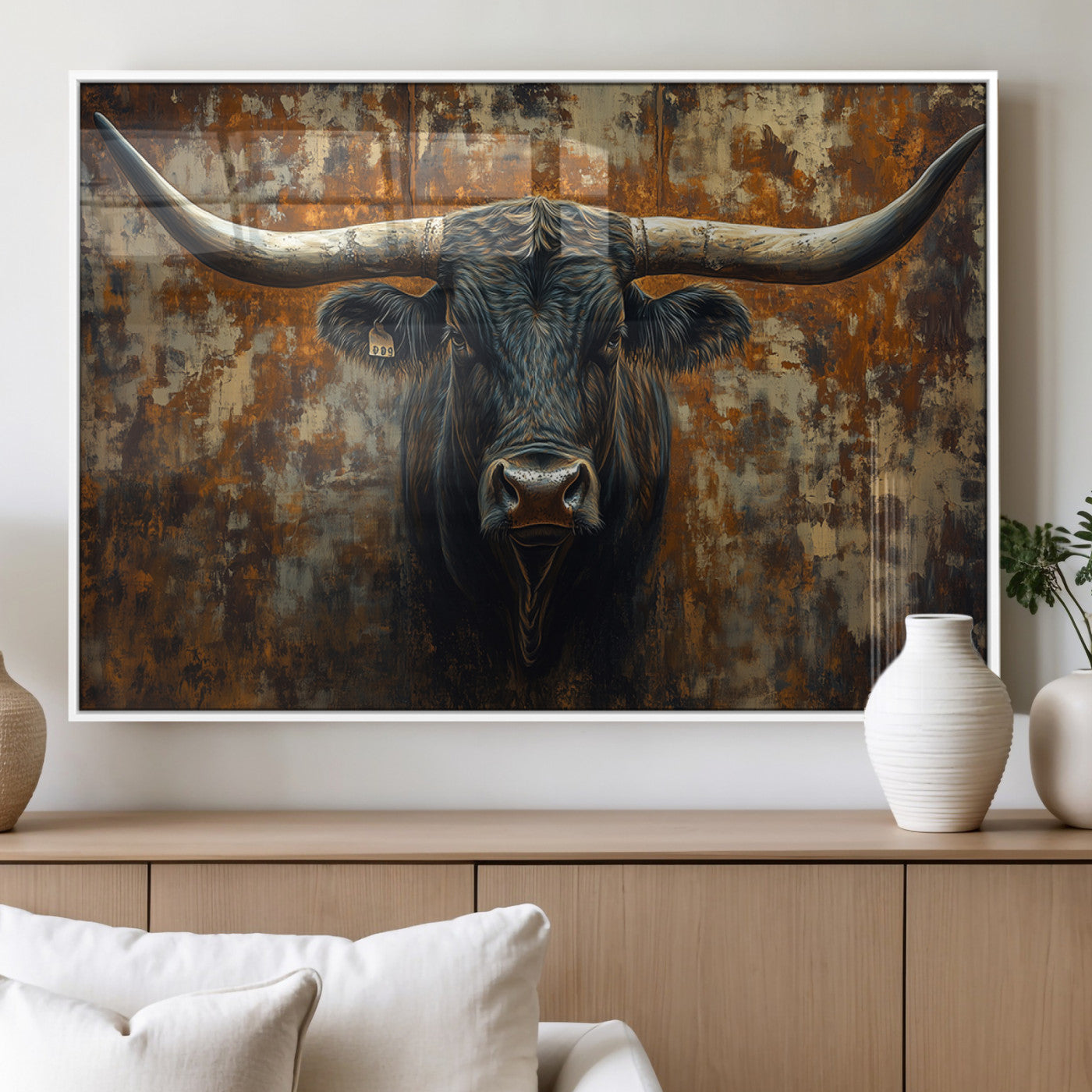 68068-MGV-FP-36X24-3P_White-Longhorn Texas Cow Bull Wall Art | Rustic Farmhouse Canvas Print | Ready to Hang Barn Decor for