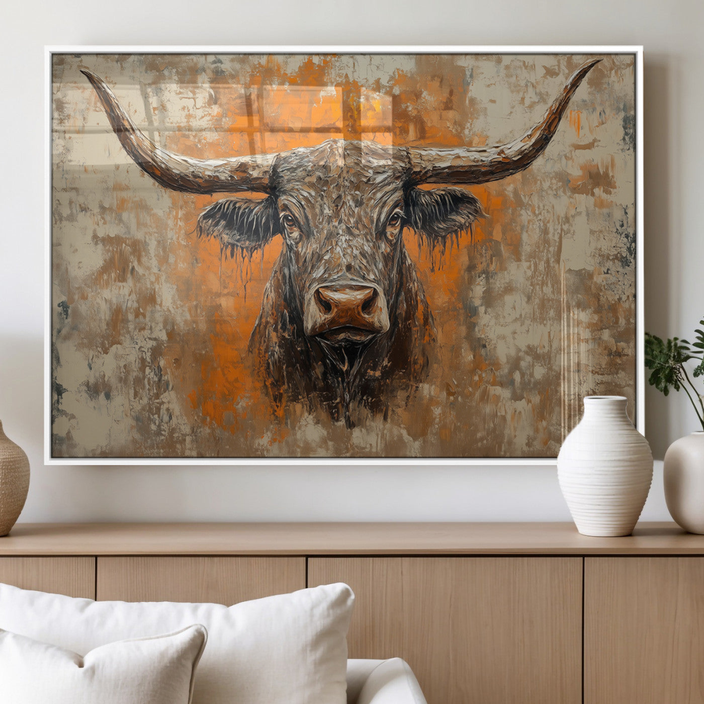 49976-MGV-FP-36X24-3P_White-Abstract Cow Longhorn Bull Wall Art Canvas Print - Rustic Texas Western Cattle Artwork