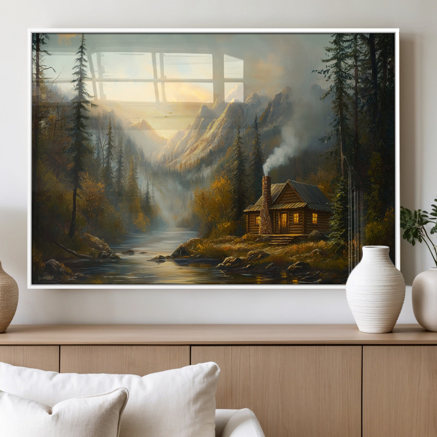 76464-MGV-FP-36X24-3P_White-Wood Cabin Retreat Mountain at Sunset Wall Art Print - Serene Forest and River Landscape Wall Art