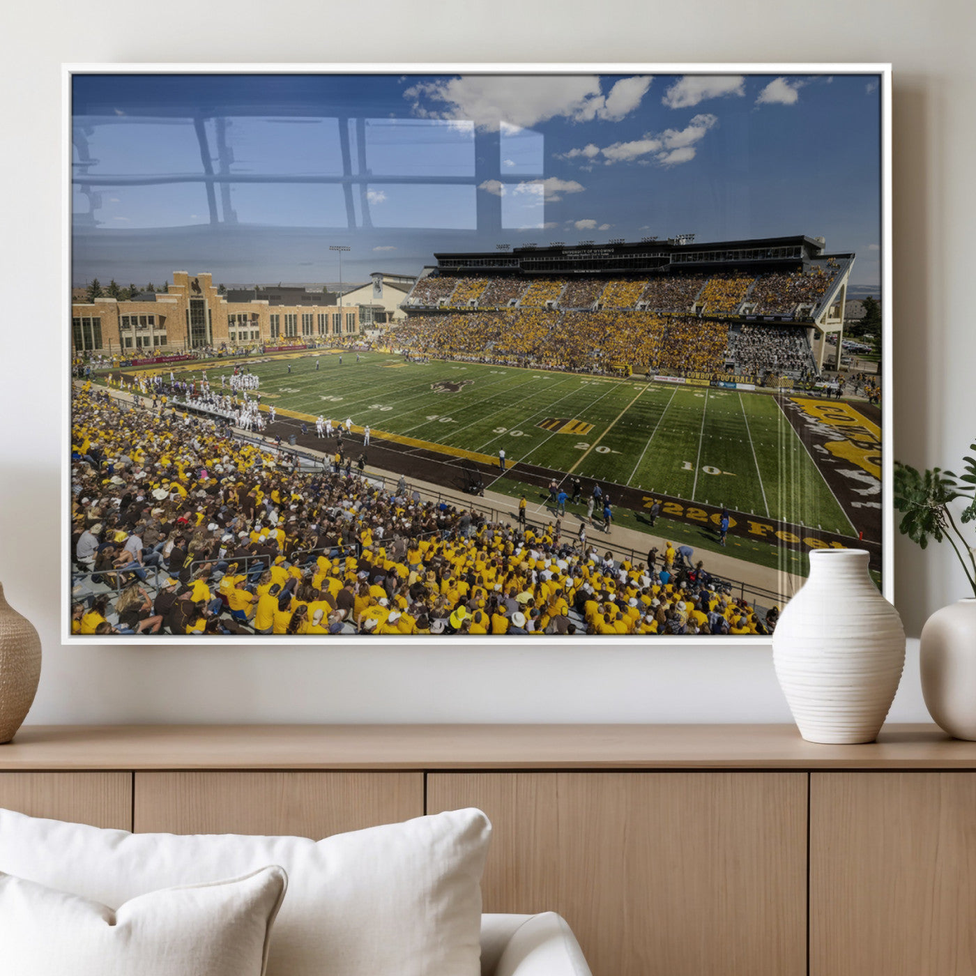 75112-MGV-FP-36X24-3P_White-University of Wyoming Cowboys Football Team Print - Laramie Jonah Field War Memorial Stadium Wall