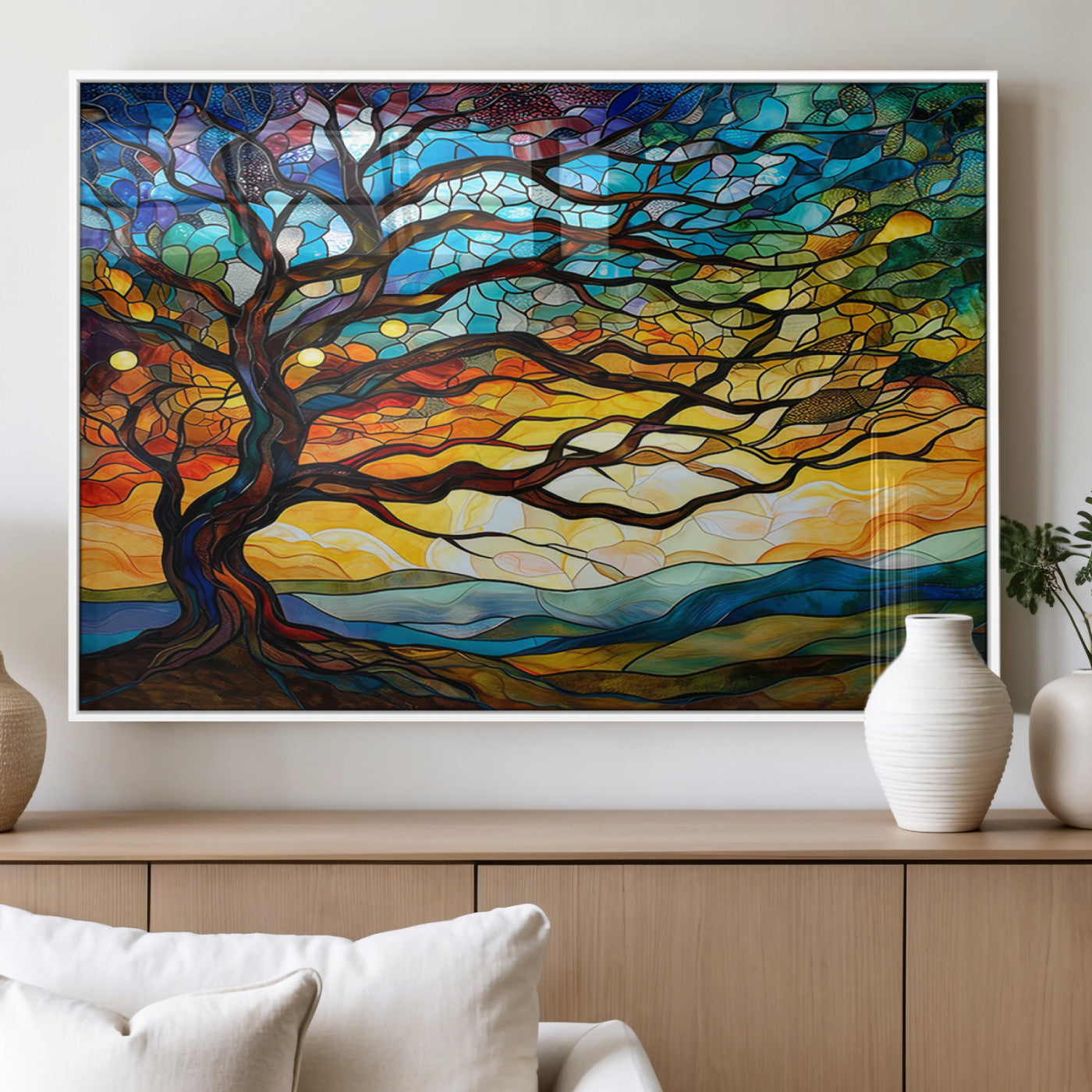 64765-MGV-FP-36X24-3P_White-Mosaic Tree Wall Art | Ready to Hang Stained Glass Style Canvas Print | Farmhouse Wall Decor, Cabin