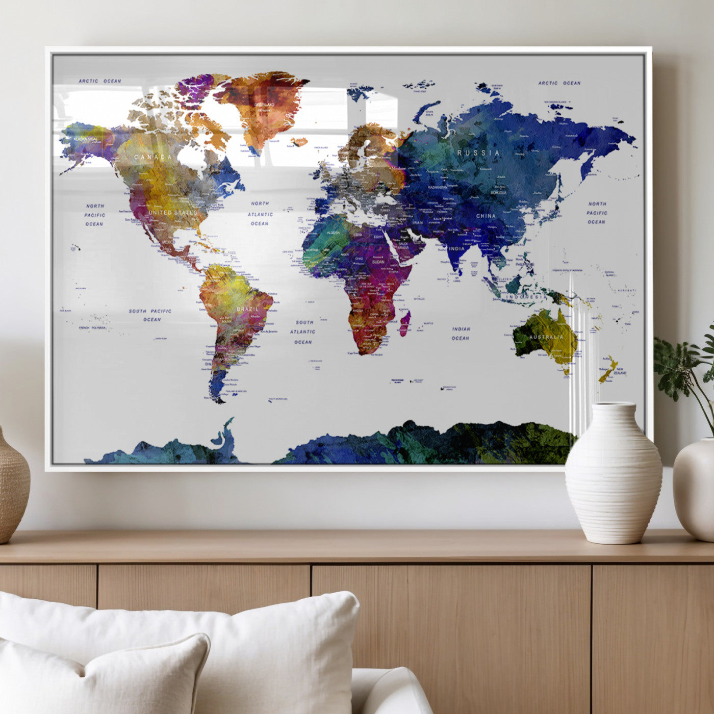 90446-MGV-FP-36X24-3P_White-Colorful Watercolor World Map Canvas Wall Art – Framed Modern Push Pin Travel Map for Home and Office Decor