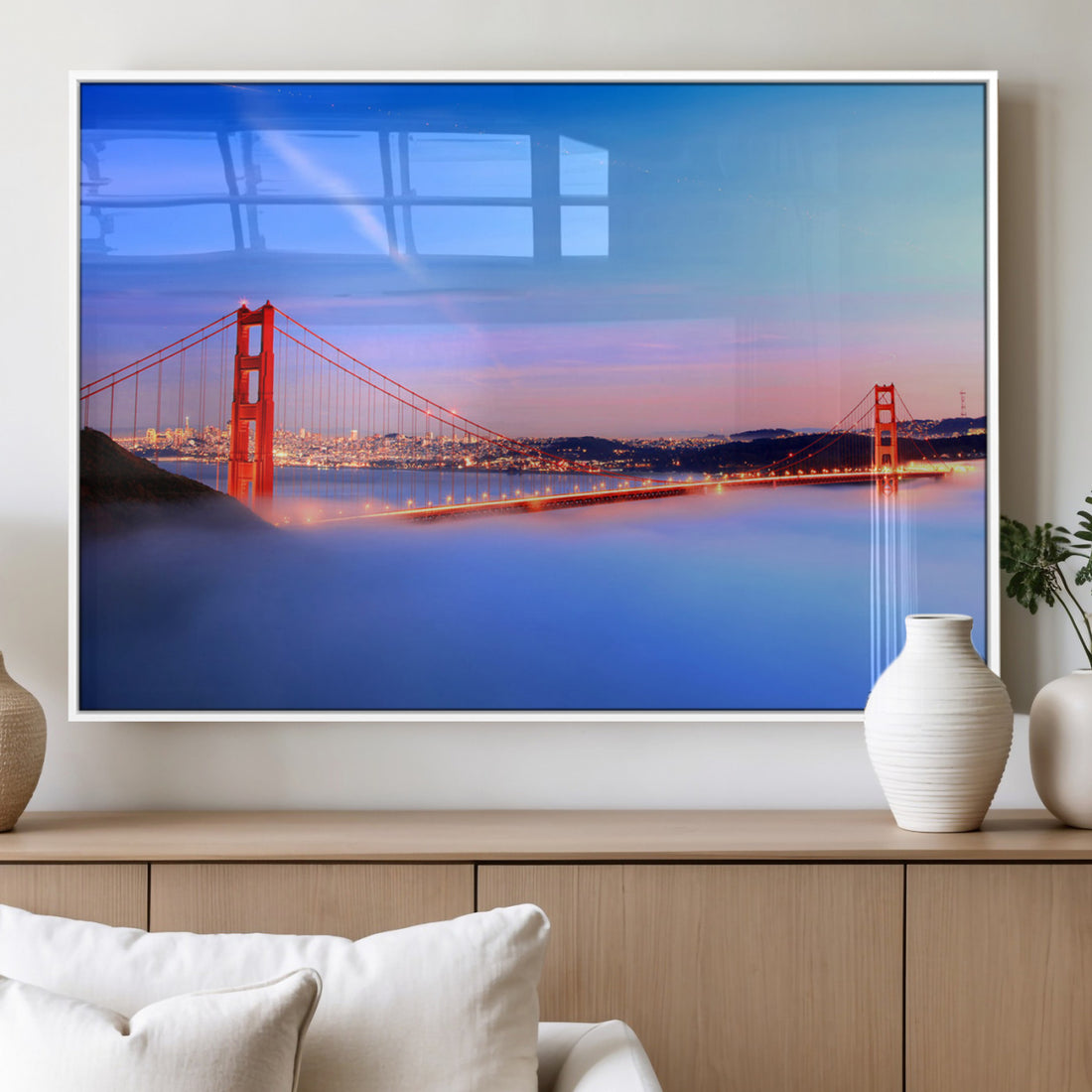 Large San Francisco Wall Art Canvas Print, Framed Golden Gate Bridge in Fog