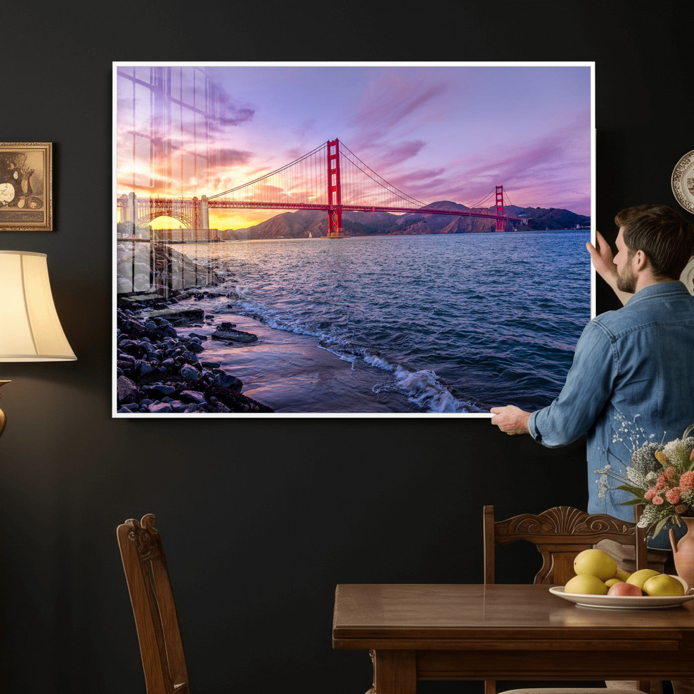 24256-MGV-CV-36X24 - Golden Gate Bridge Wall Art Print, San Francisco Sunset Canvas Wall Art, Cityscape Canvas Print for