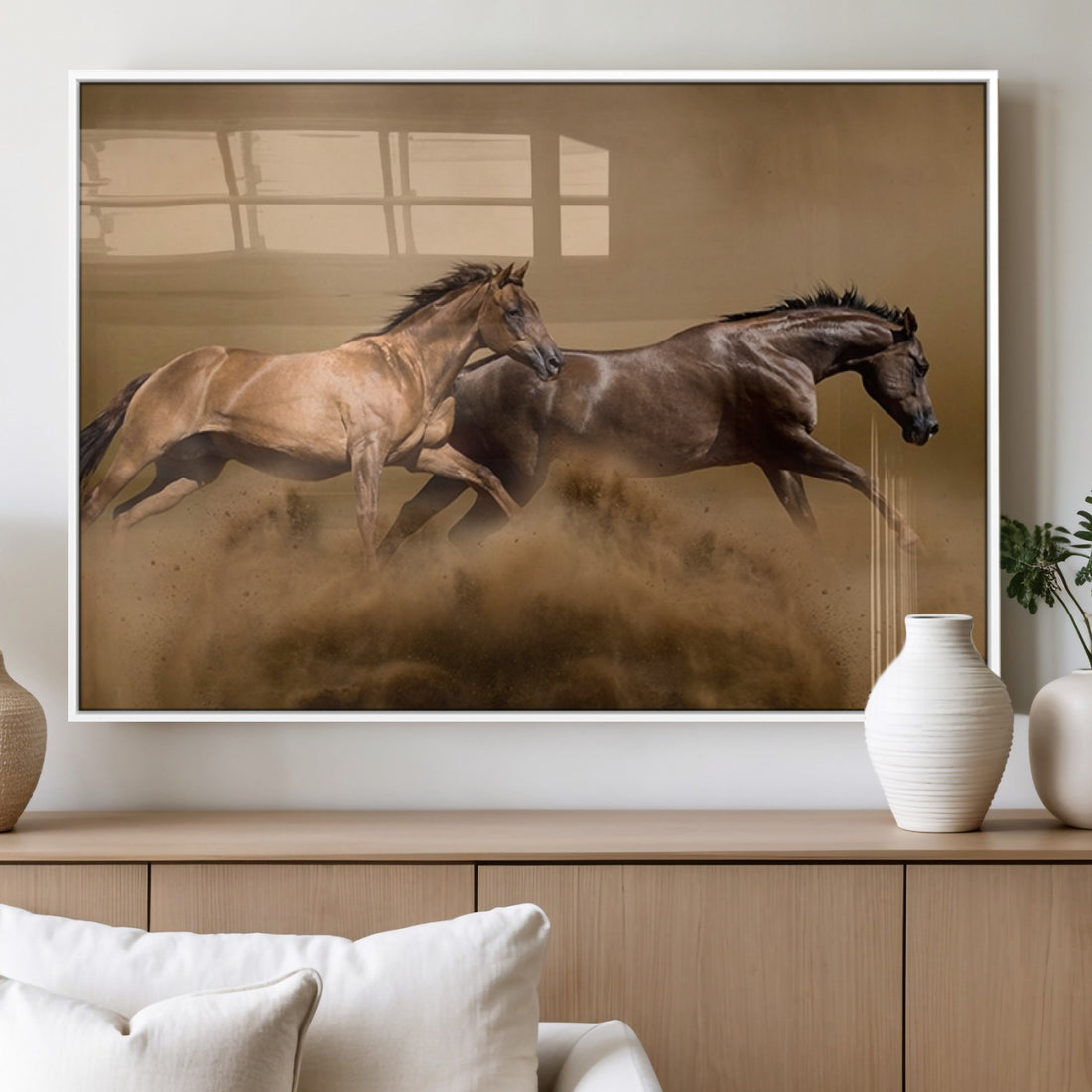Large Wall Art Canvas Print, Two Running Brown Horses